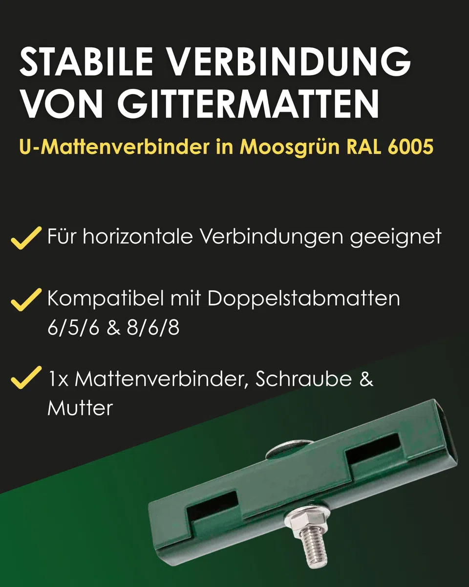 U Mattenverbinder RAL 6005 Moosgrün – Doppelstabmattenzaun Verbinder, Gittermattenverbinder, Zaunverbinder U-Form inkl. A2 Edelstahlschraube & Mutter – passend für 6/5/6 & 8/6/8 Doppelstabmatten