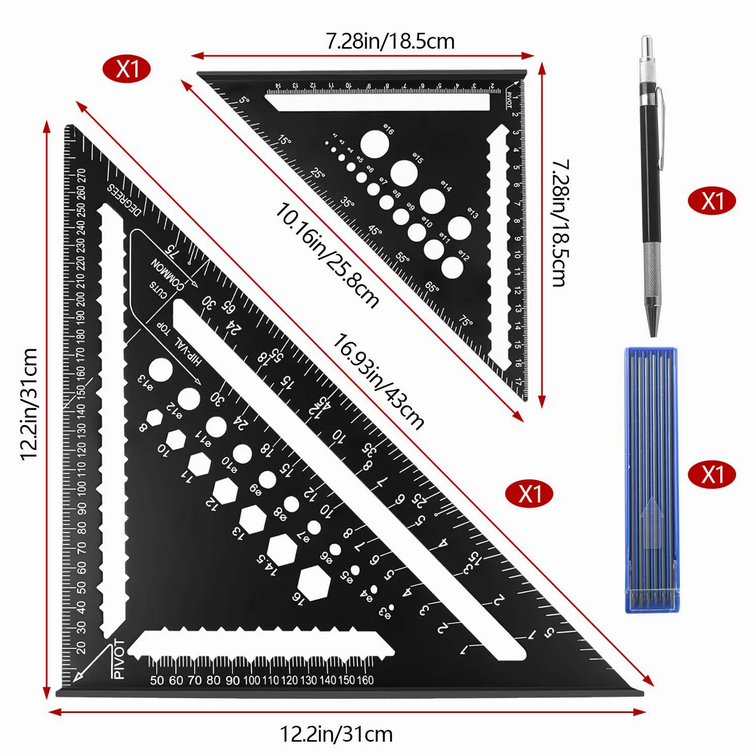 2-Teiliges Multifunktionales Zimmermannswinkel-Set, Großer Zimmermannswinkel, 7-Zoll+12-Zoll Kombinationswinkel, Messwinkel und Gehrungswinkel, für DIY Tischlerarbeiten Heimwerkerarbeiten(180mm+300mm)