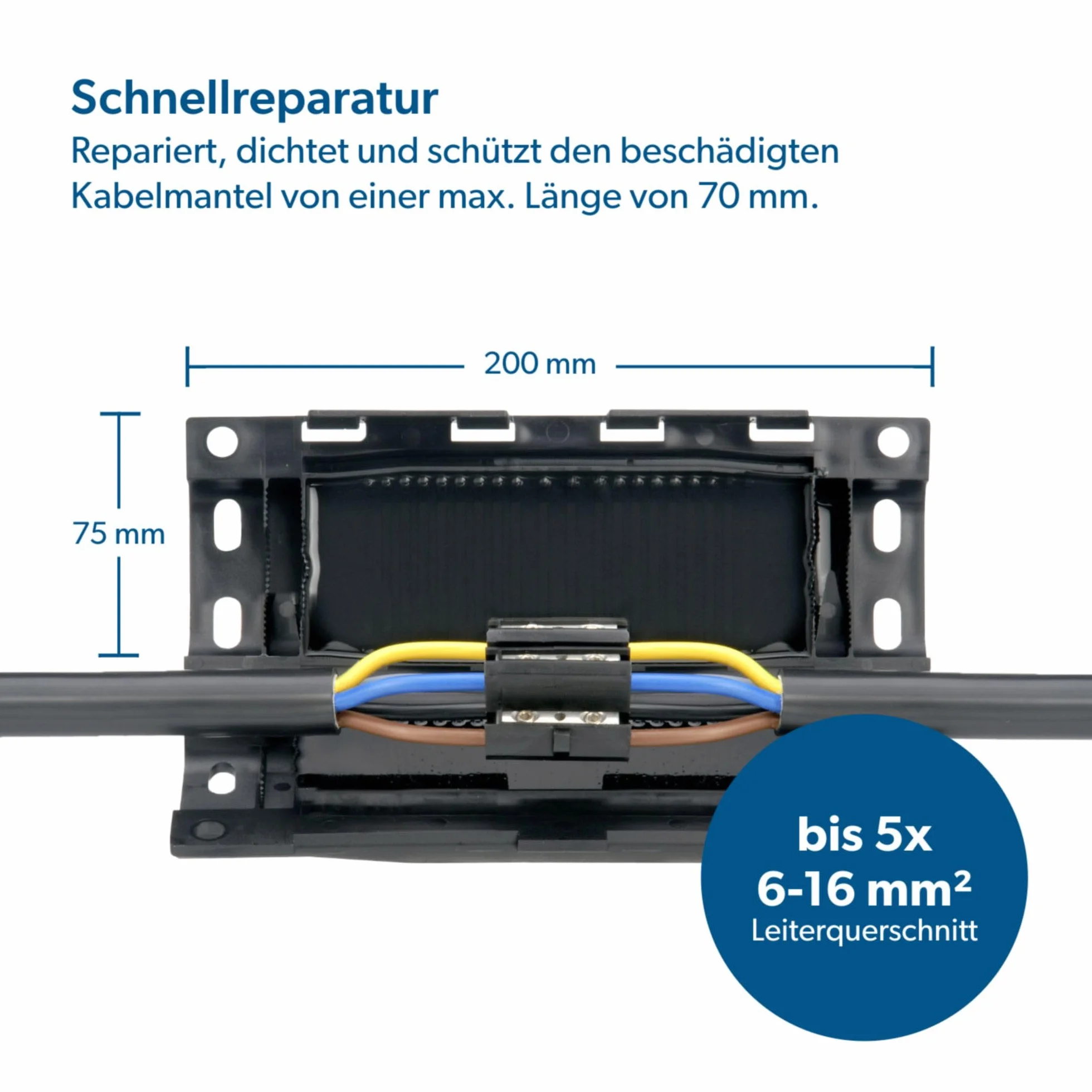 UNITEC Gelverbindungs-und Abzweigmuffe, GTQ 16, Silikon, wasserdicht IP68, UV beständig, schlagfest, für Kabelmantelschäden bis 70 mm, repariert, dichtet und schützt den Kabelmantel,mit Plombe,schwarz