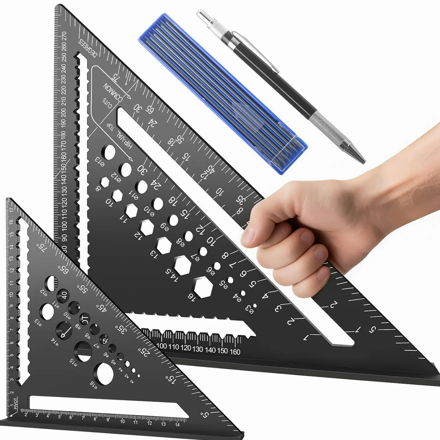 2-Teiliges Multifunktionales Zimmermannswinkel-Set, Großer Zimmermannswinkel, 7-Zoll+12-Zoll Kombinationswinkel, Messwinkel und Gehrungswinkel, für DIY Tischlerarbeiten Heimwerkerarbeiten(180mm+300mm)