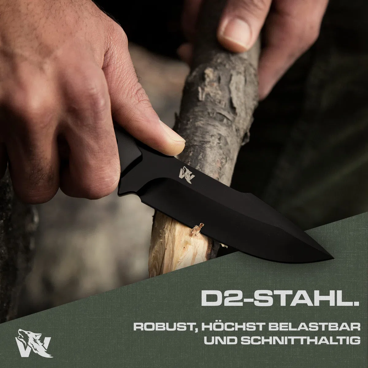ODENWOLF Outdoor-Messer AMBULO mit Kydex Holster - Edles Jagdmesser aus einem Stück D2 Stahl gefertigt - DAS Bushcraft Messer - Perfektes Survival Messer