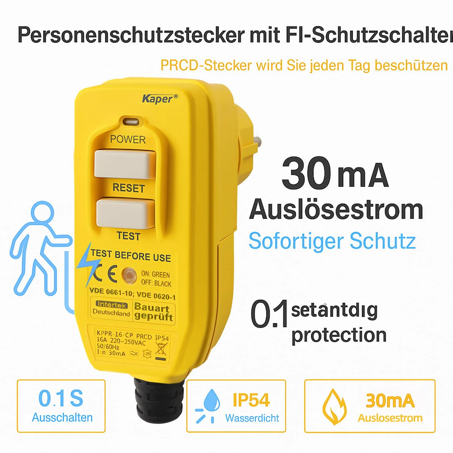 Kaper PRCD Personenschutzstecker, 16A 230V IP54, Tragbarer FI-Schutzschalter mit 30mA Auslösestrom, Wasserdicht für Baustelle, Garten, Camping und Werkstatt