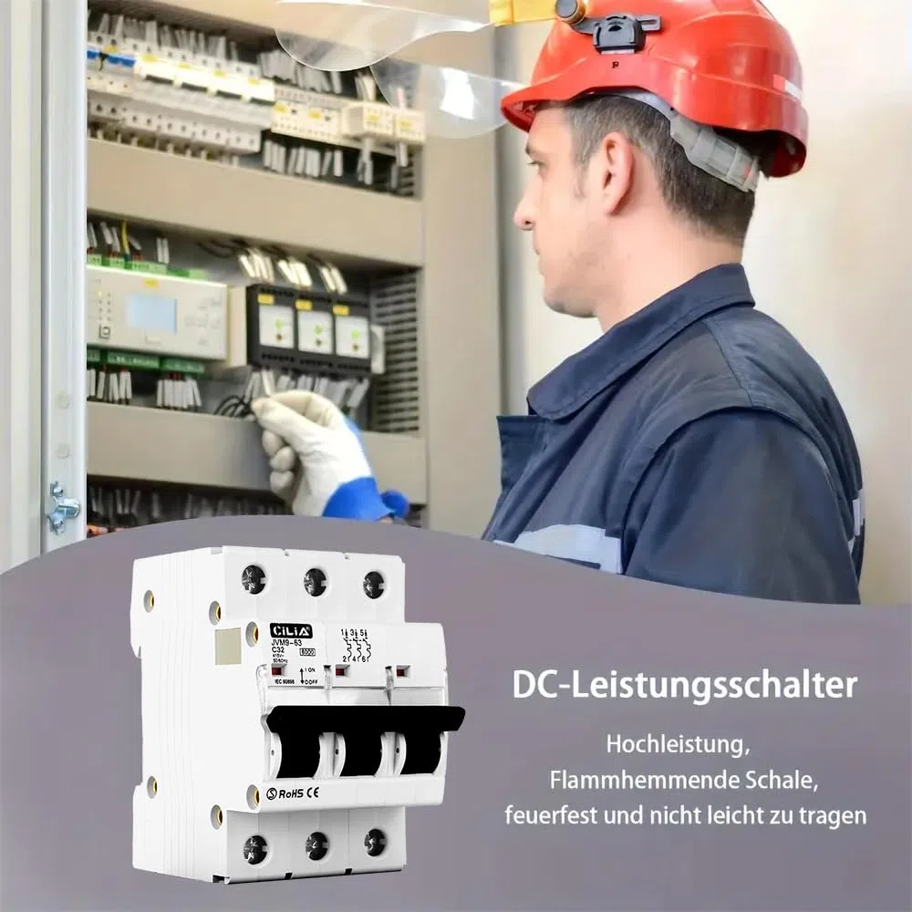 CILIA Leitungsschutzschalter, 3 Module, DIN-Anschluss (Universell für Jede Handelsübliche Steuerplatte), Pole 3P, Schaltleistung 6kA, Spannung 415 VAC, Kurve C. In=10A (JVM9-63-3P-10A)