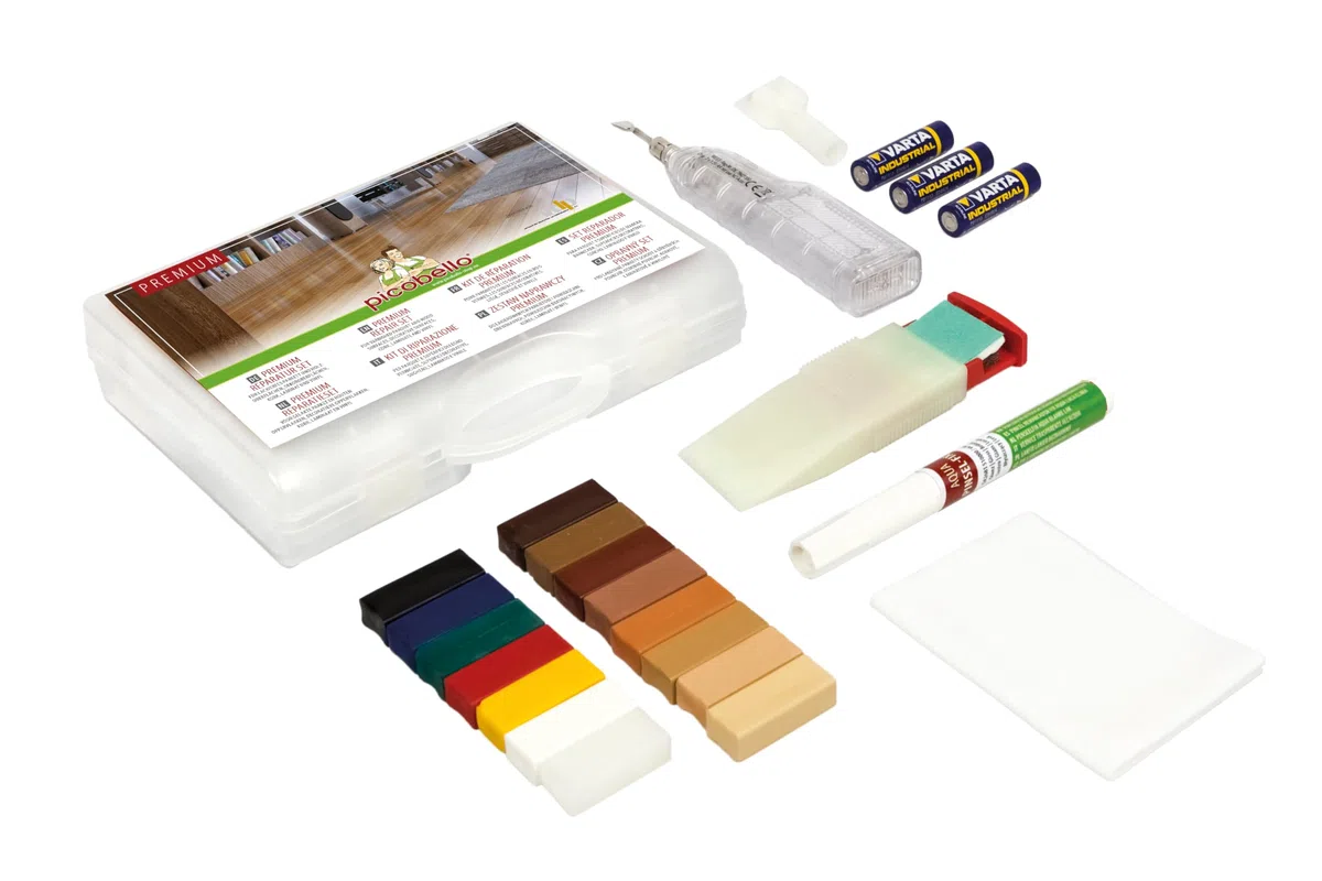 Picobello Reparatur-Set (Premium) I Lackierte Holz- und Dekoroberflächen I Geeignet für Parkett, Laminat, Möbel & Treppen I Mit 15 Hartwachs-Stangen, Versiegelungslack & Zubehör | Made in Germany
