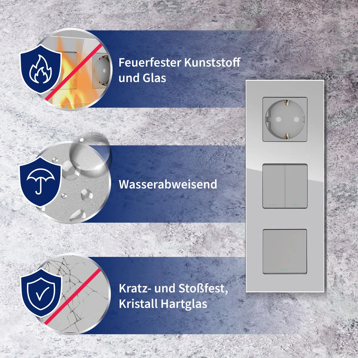 PULSAR Wechselschalter mit Steckdose Unterputz Glas Grau 2-Fach, Lichtschalter Wechsel Schalter 10A mit Wandsteckdose 16A