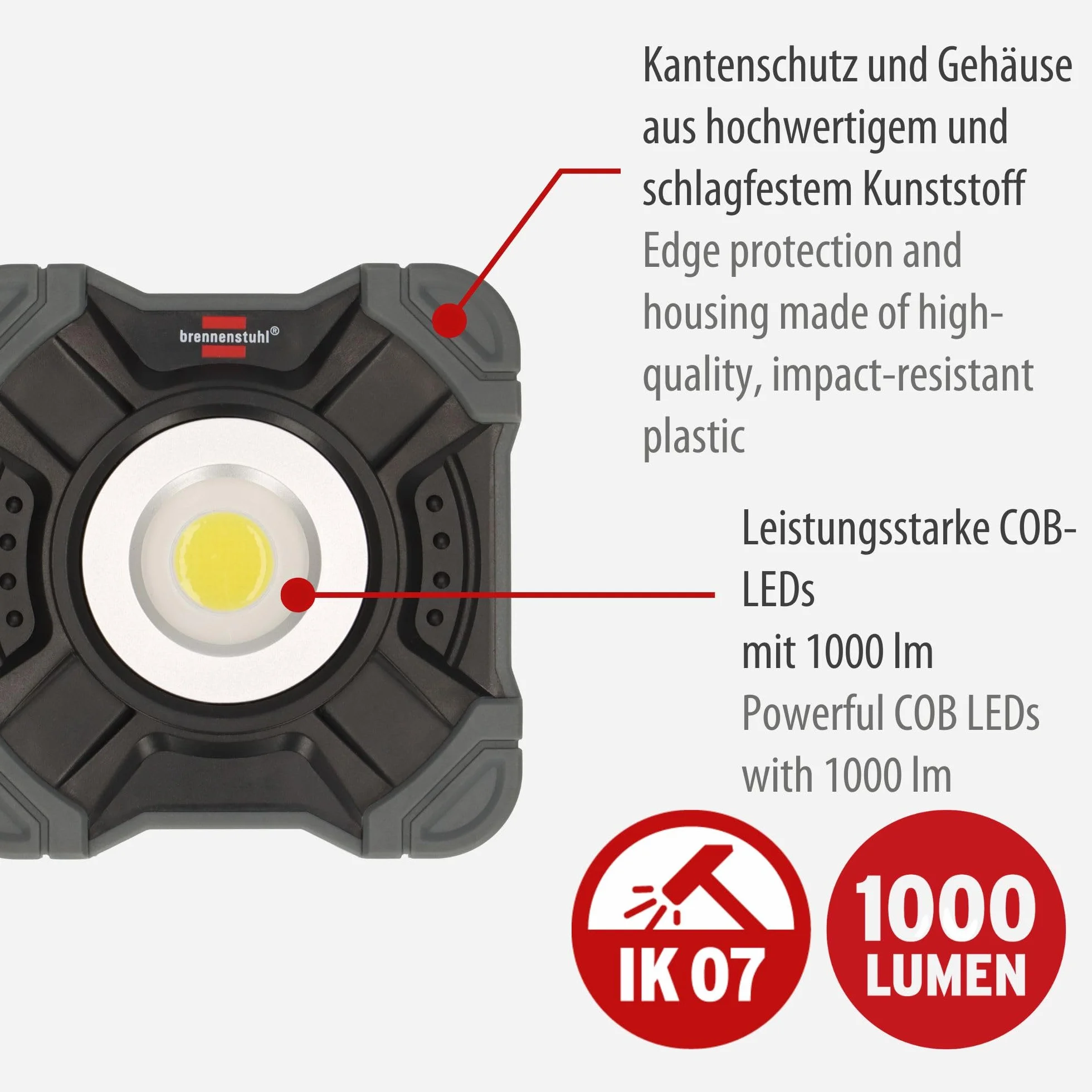 Brennenstuhl Akku LED Arbeitsstrahler SH 1000 MAC (1000lm, IP54, Akku LED Arbeitsleuchte mit Magnet und Karabinerring, robustes Gehäuse)