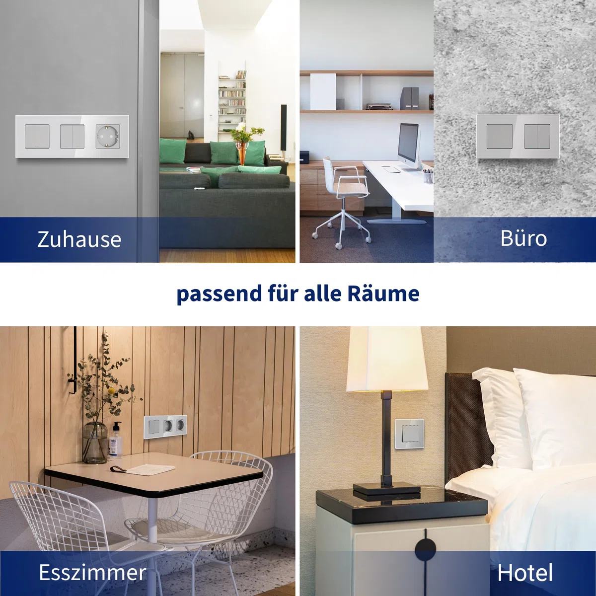 PULSAR Wechselschalter mit Steckdose Unterputz Glas Grau 2-Fach, Lichtschalter Wechsel Schalter 10A mit Wandsteckdose 16A