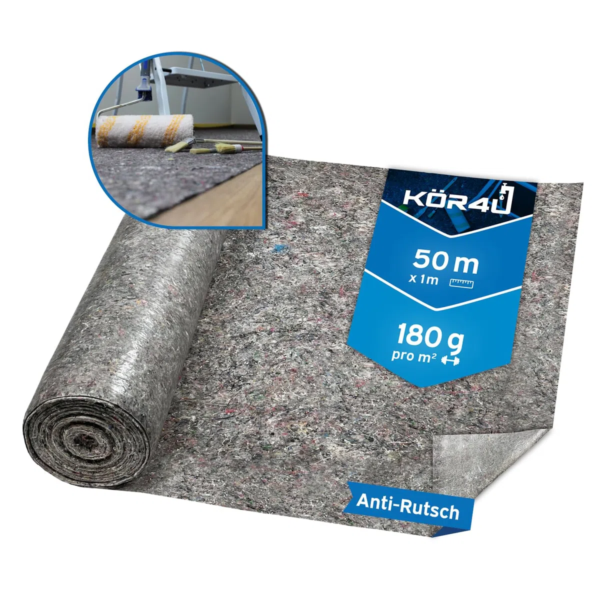 kör4u Malervlies 50m, 180g Abdeckvlies – Staubdichtes, Rutschfestes Malervlies für Renovierungen, Umzüge und Heimwerkerprojekte
