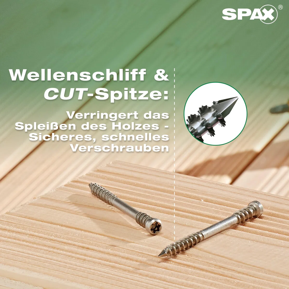 SPAX Terrassenschraube, 5 x 40 mm, 90 Stück, Fixiergewinde, Zylinderkopf, T-STAR plus T25, CUT-Spitze, Edelstahl rostfrei A2-8000000288203