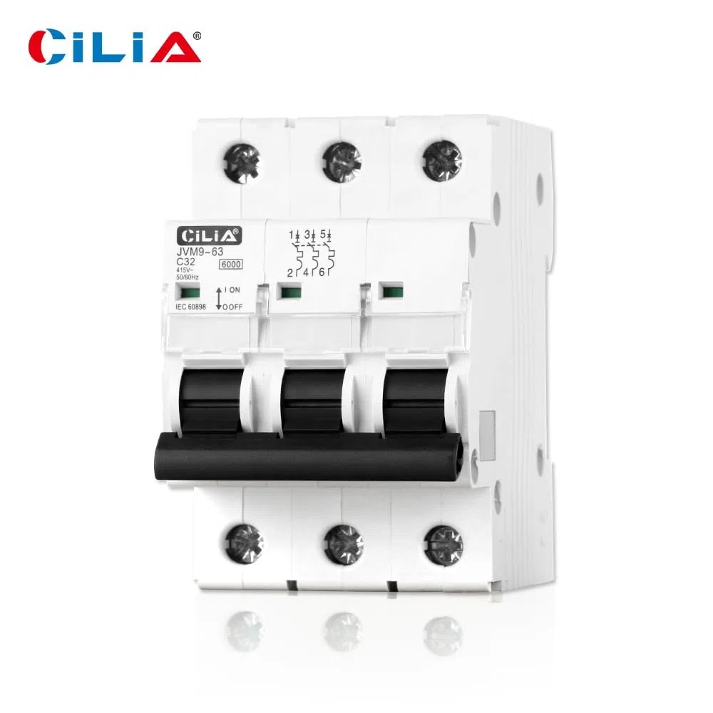 CILIA Leitungsschutzschalter, 3 Module, DIN-Anschluss (Universell für Jede Handelsübliche Steuerplatte), Pole 3P, Schaltleistung 6kA, Spannung 415 VAC, Kurve C. In=10A (JVM9-63-3P-10A)