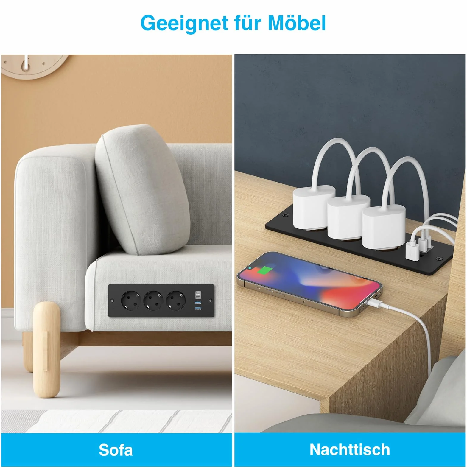 Tischplatte Steckdose mit USB C, 3 Fach Einbausteckdose mit 2m Kabel, Tischsteckdose Steckdosenleiste Mehrfachsteckdose für Konferenztisch, Arbeitsplatte, Sofatisch