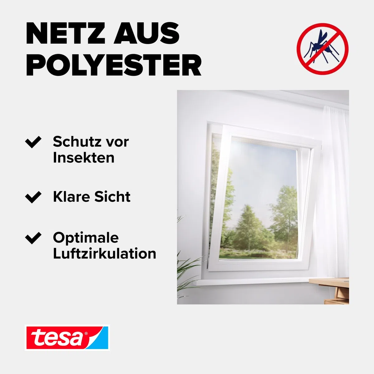 tesa Insect Stop 2-in-1 Sonnenschutz- und Fliegengitter Premium für Fenster - Insektenschutz mit integriertem Sonnenschutz - Fliegen Netz ohne Bohren - 130 cm x 150 cm - Anthrazit-Metallic