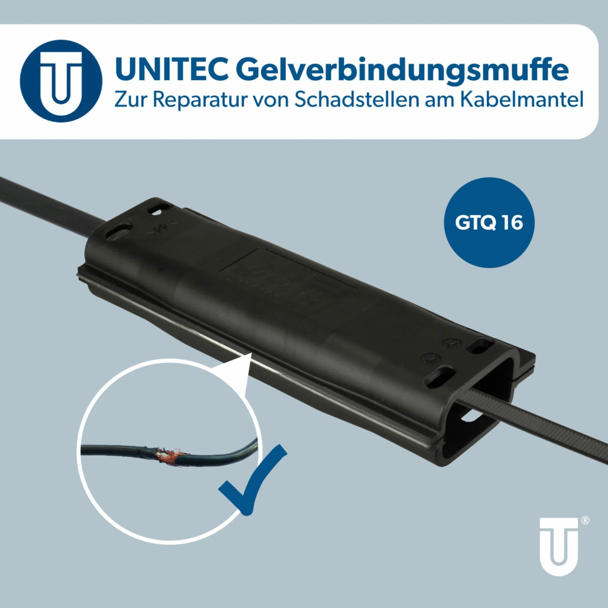 UNITEC Gelverbindungs-und Abzweigmuffe, GTQ 16, Silikon, wasserdicht IP68, UV beständig, schlagfest, für Kabelmantelschäden bis 70 mm, repariert, dichtet und schützt den Kabelmantel,mit Plombe,schwarz