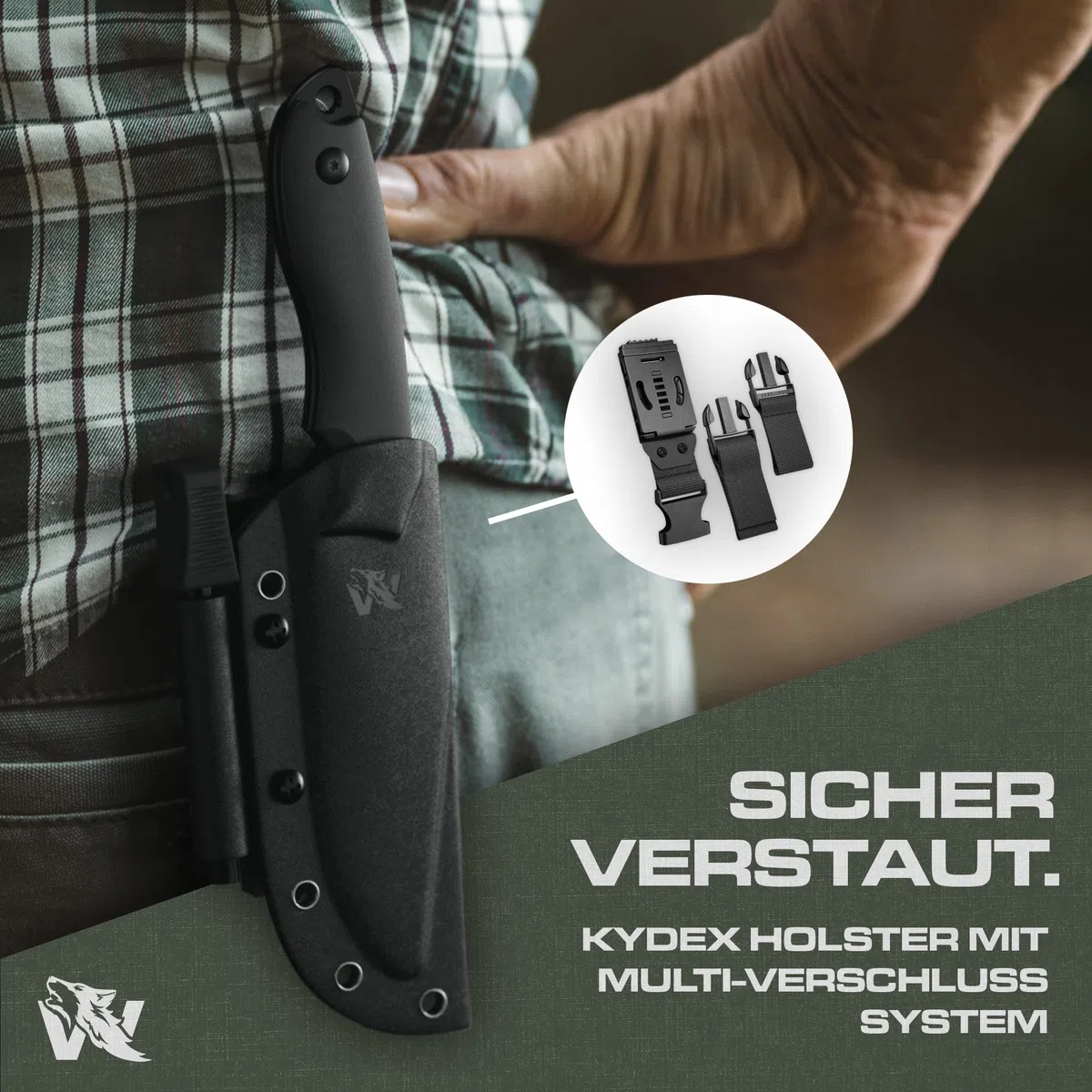 ODENWOLF Outdoor-Messer AMBULO mit Kydex Holster - Edles Jagdmesser aus einem Stück D2 Stahl gefertigt - DAS Bushcraft Messer - Perfektes Survival Messer