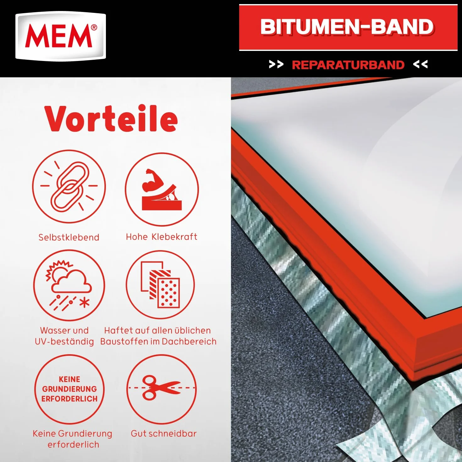 MEM Bitumen-Band, Selbstklebendes Dichtungsband, UV-beständige Schutzfolie, Stärke: 1,5 mm, Maße: 10 cm x 10 m, Farbe: Aluminium