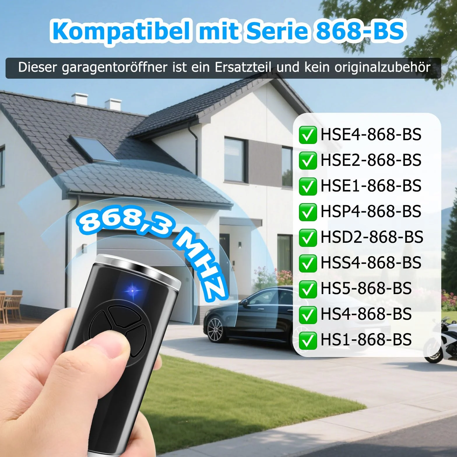 1 Stück Ersatz Handsender für hse4-868-bs, Garagentoröffner 868,3 MHz 4 Kanäle Kompatibel mit hse4-868-bs, hse2-868-bs(Schwarz)