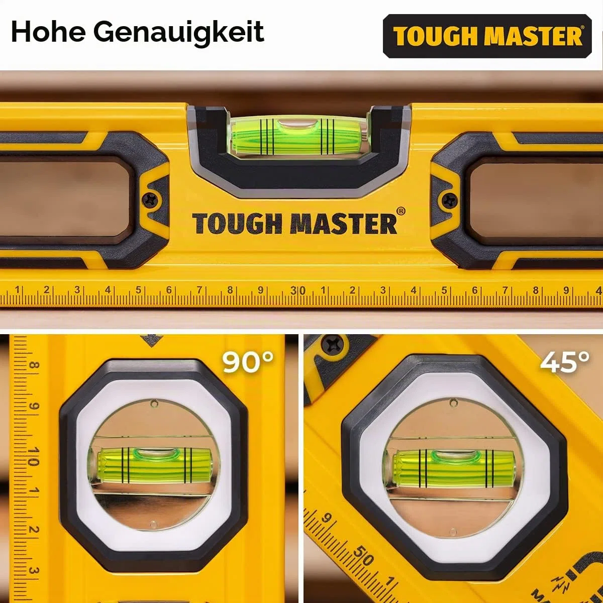 Tough Master 3-teiliges Profi Wasserwaagen Set, magnetisch, 3 Libellen, hohe Genauigkeit, Frontansicht-Fläschchen, stoßfestes Werkzeug, 1200 mm & 600 mm, 250 mm