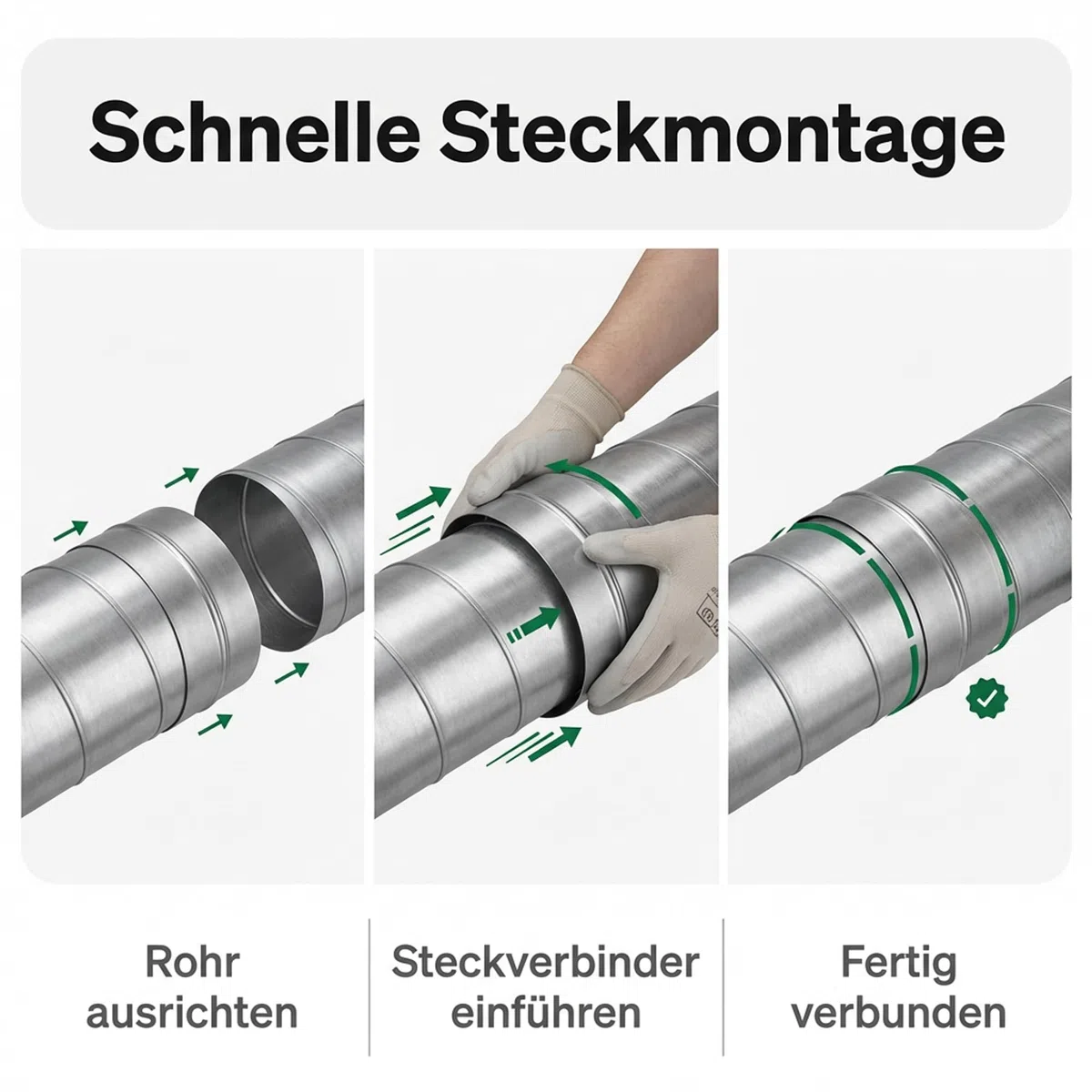 Easy Act Steckverbinder Ø 150 mm, robustes Verbindungsstück aus verzinktem Stahl zur sicheren Verbindung von Lüftungsrohren in Belüftungssystemen