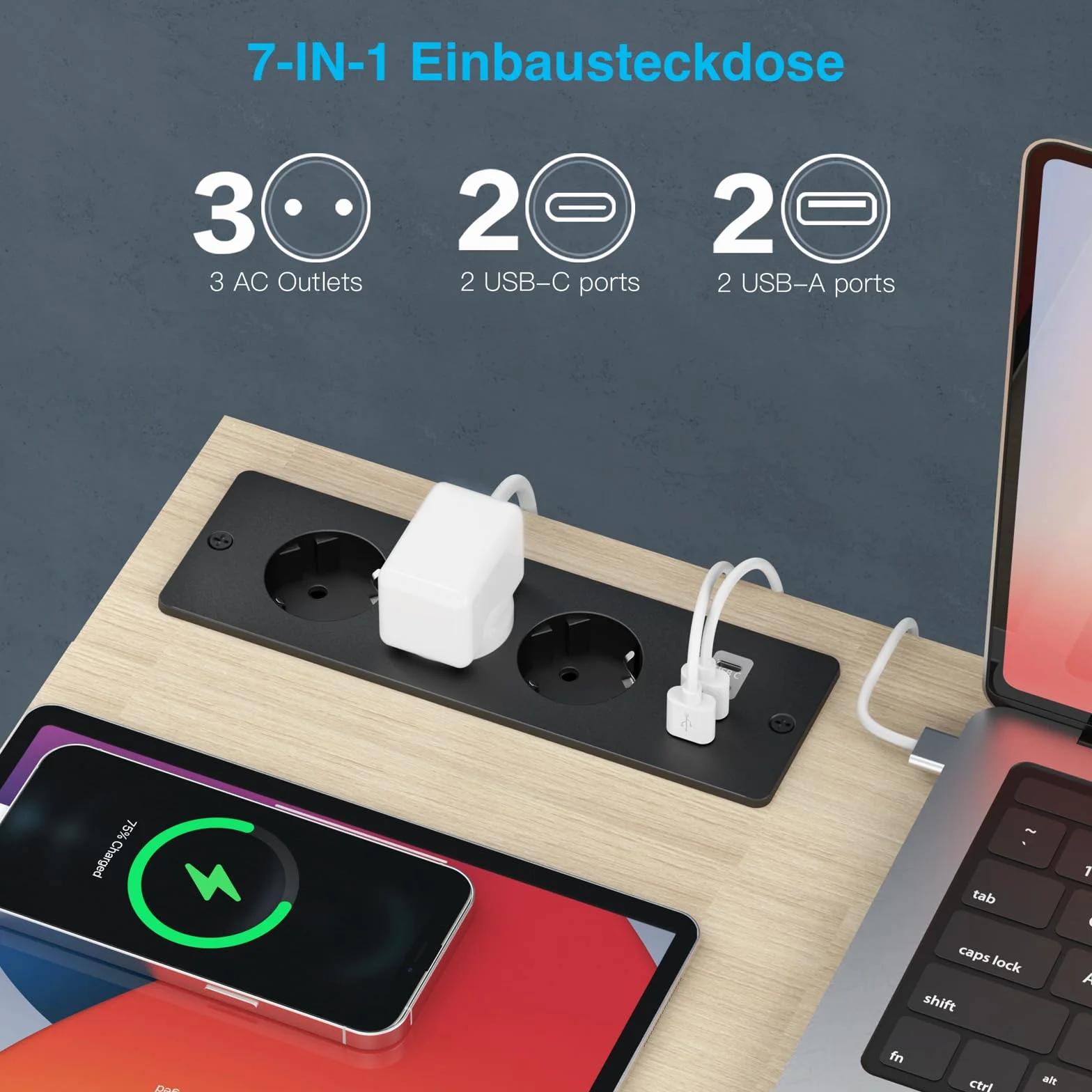 Tischplatte Steckdose mit USB C, 3 Fach Einbausteckdose mit 2m Kabel, Tischsteckdose Steckdosenleiste Mehrfachsteckdose für Konferenztisch, Arbeitsplatte, Sofatisch