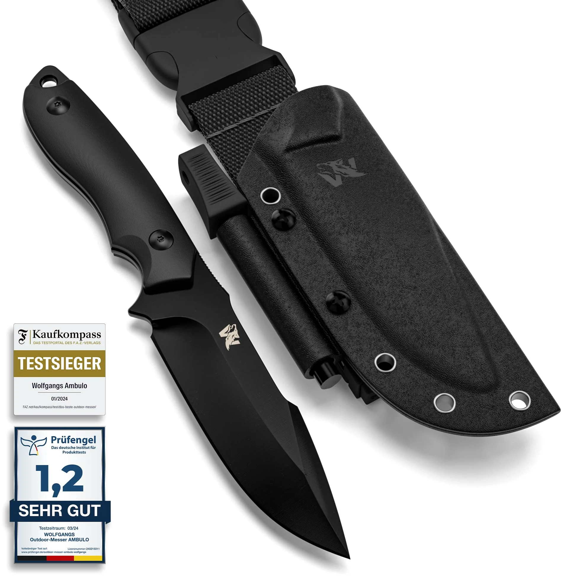 ODENWOLF Outdoor-Messer AMBULO mit Kydex Holster - Edles Jagdmesser aus einem Stück D2 Stahl gefertigt - DAS Bushcraft Messer - Perfektes Survival Messer