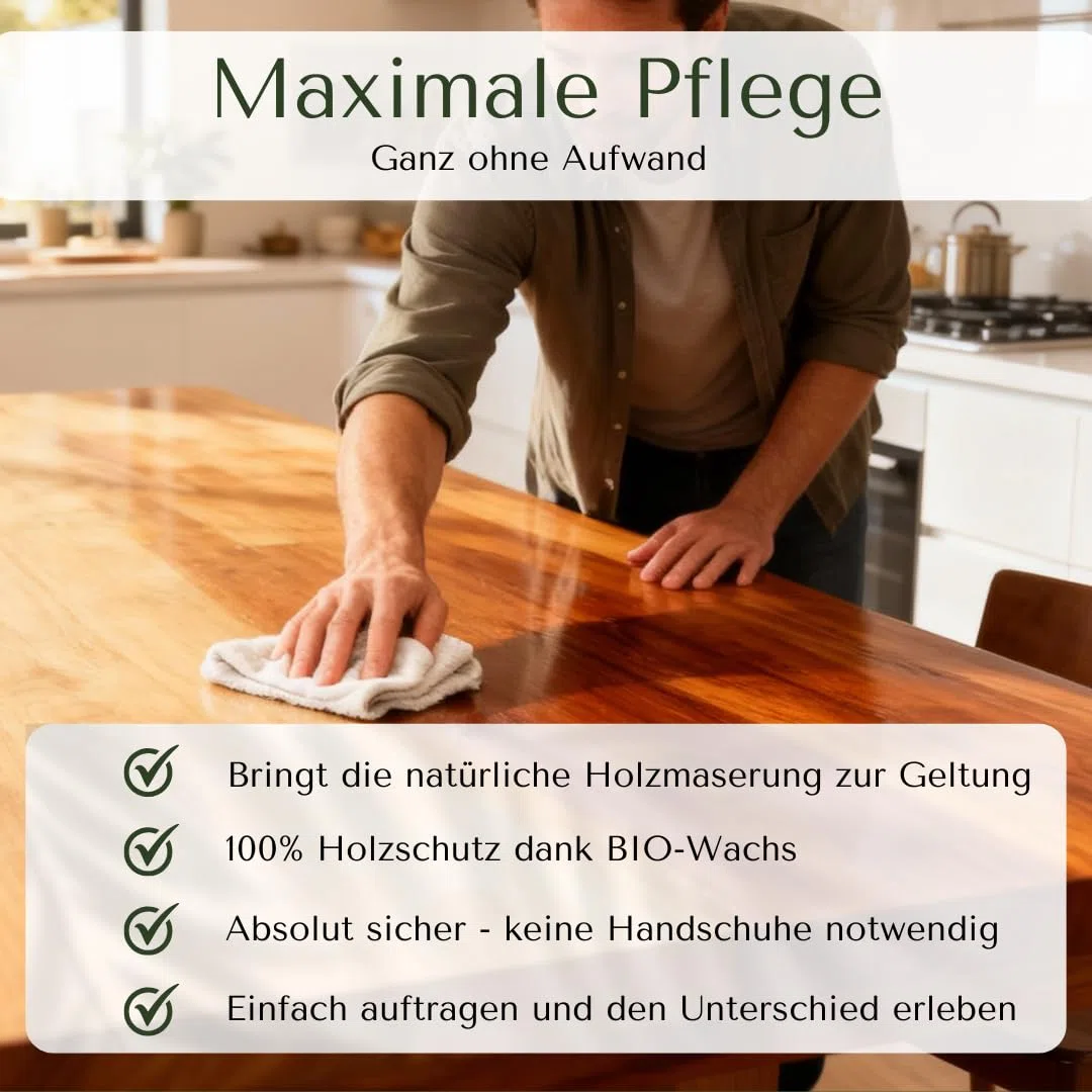 Tisch Öl - Bio Holztisch Pflege aus Deutschland (250ml) | Für Esstische und Tischplatten: Natürliches Holzpflegeöl mit Bienenwachs für eine tiefenwirksame und gepflegte Holzoptik