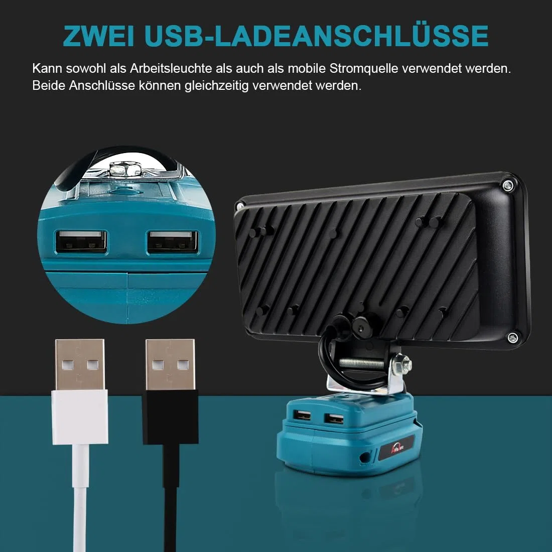 Akku Lampe für Makita 18V 90W Kabellose Led Arbeitsleuchte Akku 7500LM Tragbares Flutlichter 2 Helligkeitseinstellungen Baustellen Lampe mit 2 USB-Aufladung (7 zoll, kein Akku)