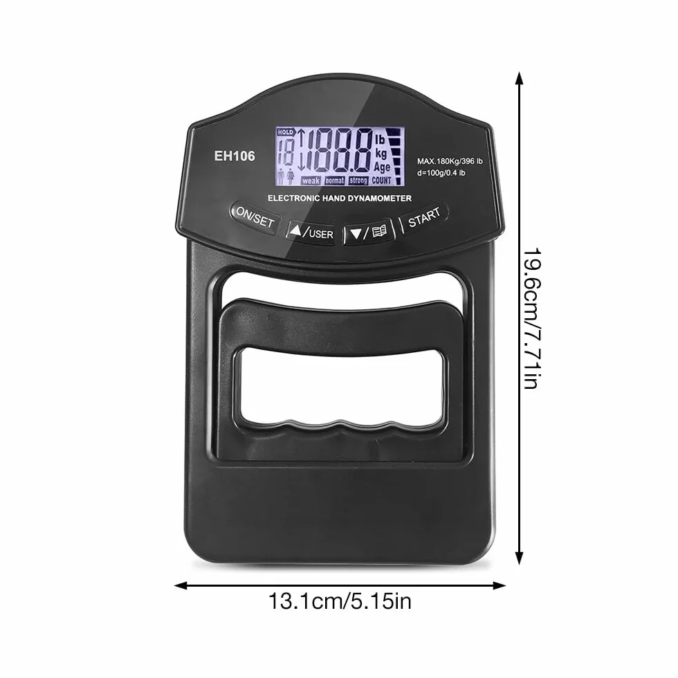 Digitaler Handkraftmessgerät, 396lb/180Kg Digitaler Griffstärke-Messung, Kraftmesser, LED Display Grip Strength Trainer, Dynamometer mit USB-Ladekabel(Schwarz)
