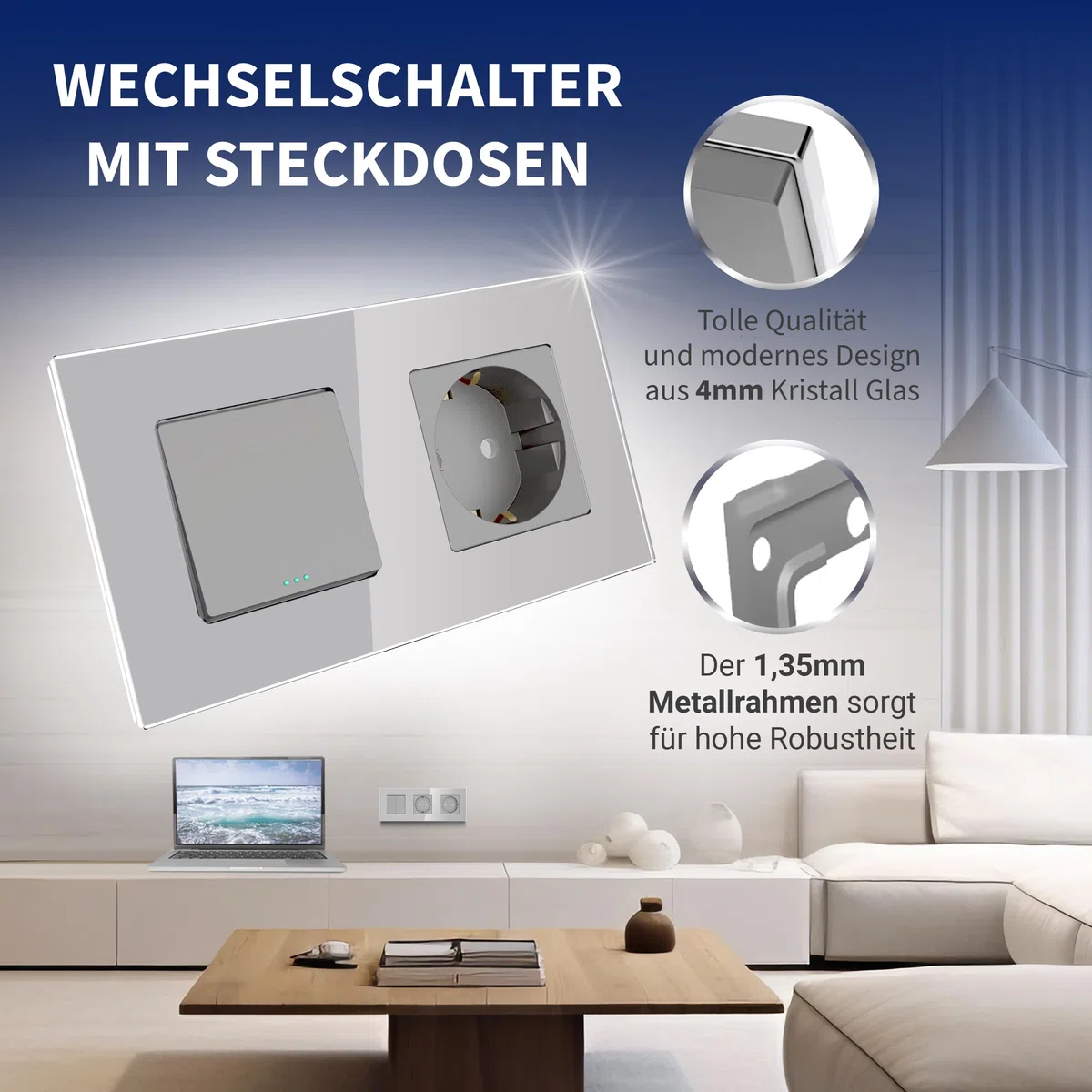 PULSAR Wechselschalter mit Steckdose Unterputz Glas Grau 2-Fach, Lichtschalter Wechsel Schalter 10A mit Wandsteckdose 16A
