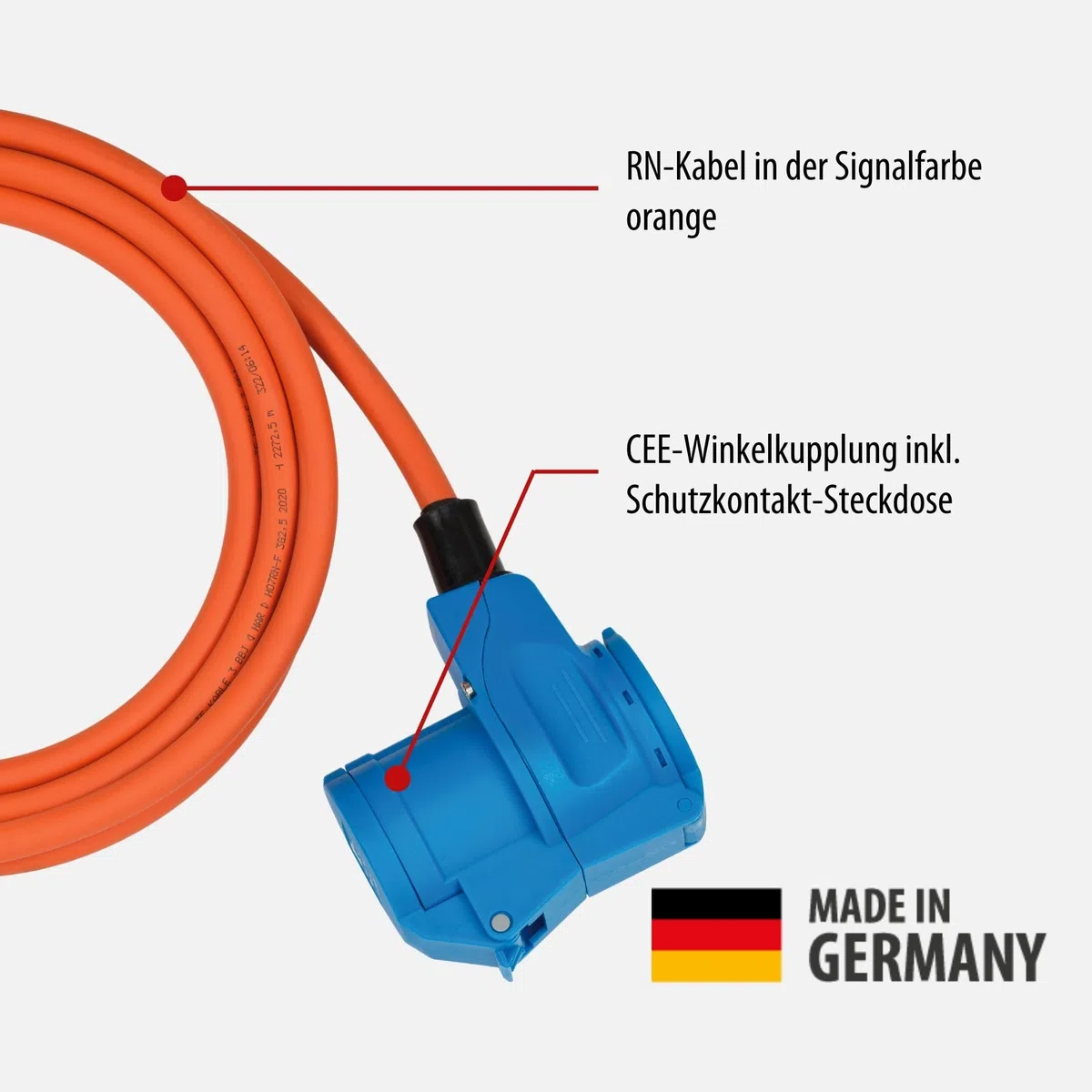 Brennenstuhl Camping CEE-Verlängerungskabel mit CEE-Stecker und Winkelkupplung inkl. Schutzkontakt-Kombisteckdose (3m Kabel in orange, 230V/16A, Einsatz im Außenbereich, Made in Germany)