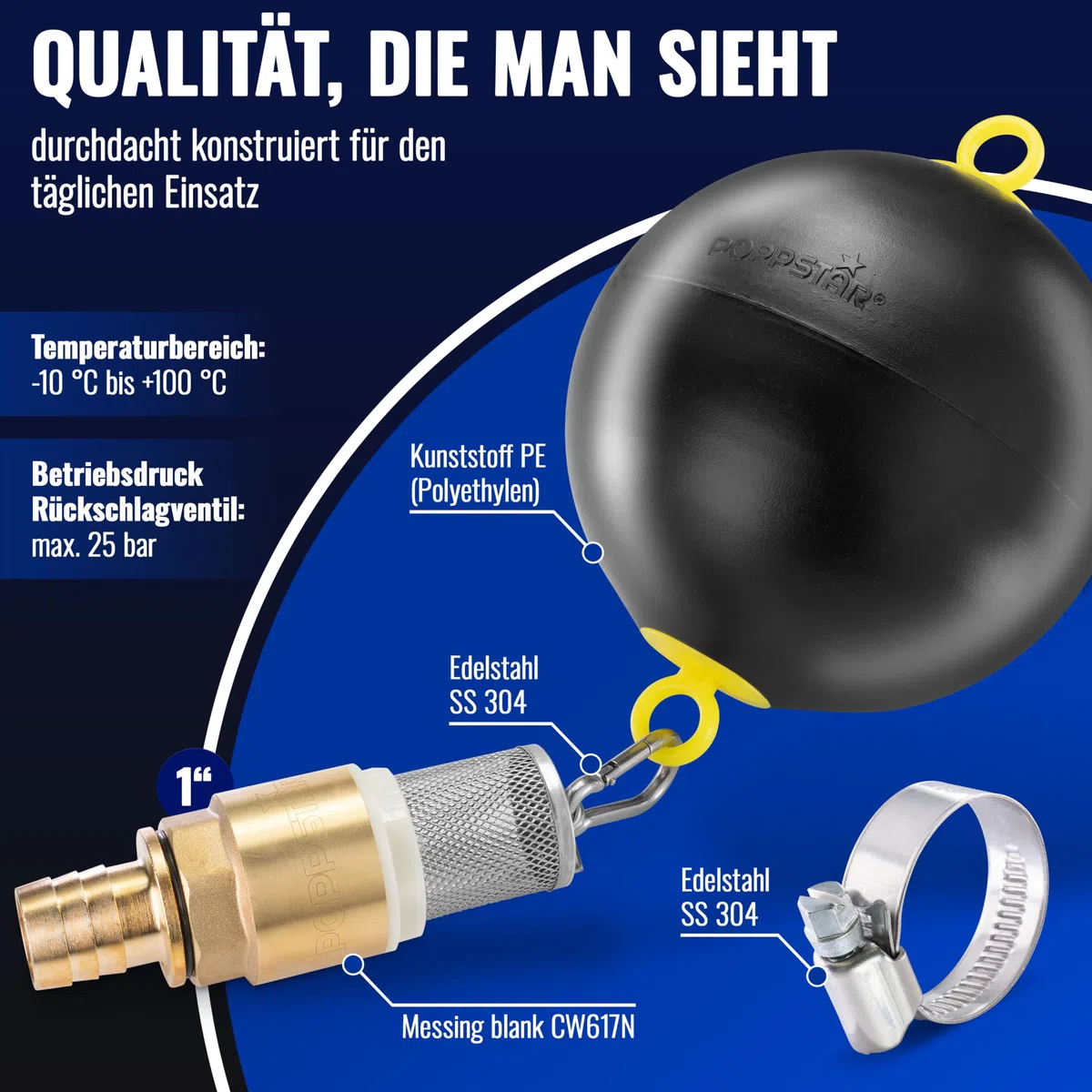 Poppstar Schwimmende Entnahme Set: Schwimmerkugel 6", Karabiner 5x50mm, Schlauchschelle (Spannbereich 20-32mm, Breite 12mm), Rückschlagventil 1", Saugkorb