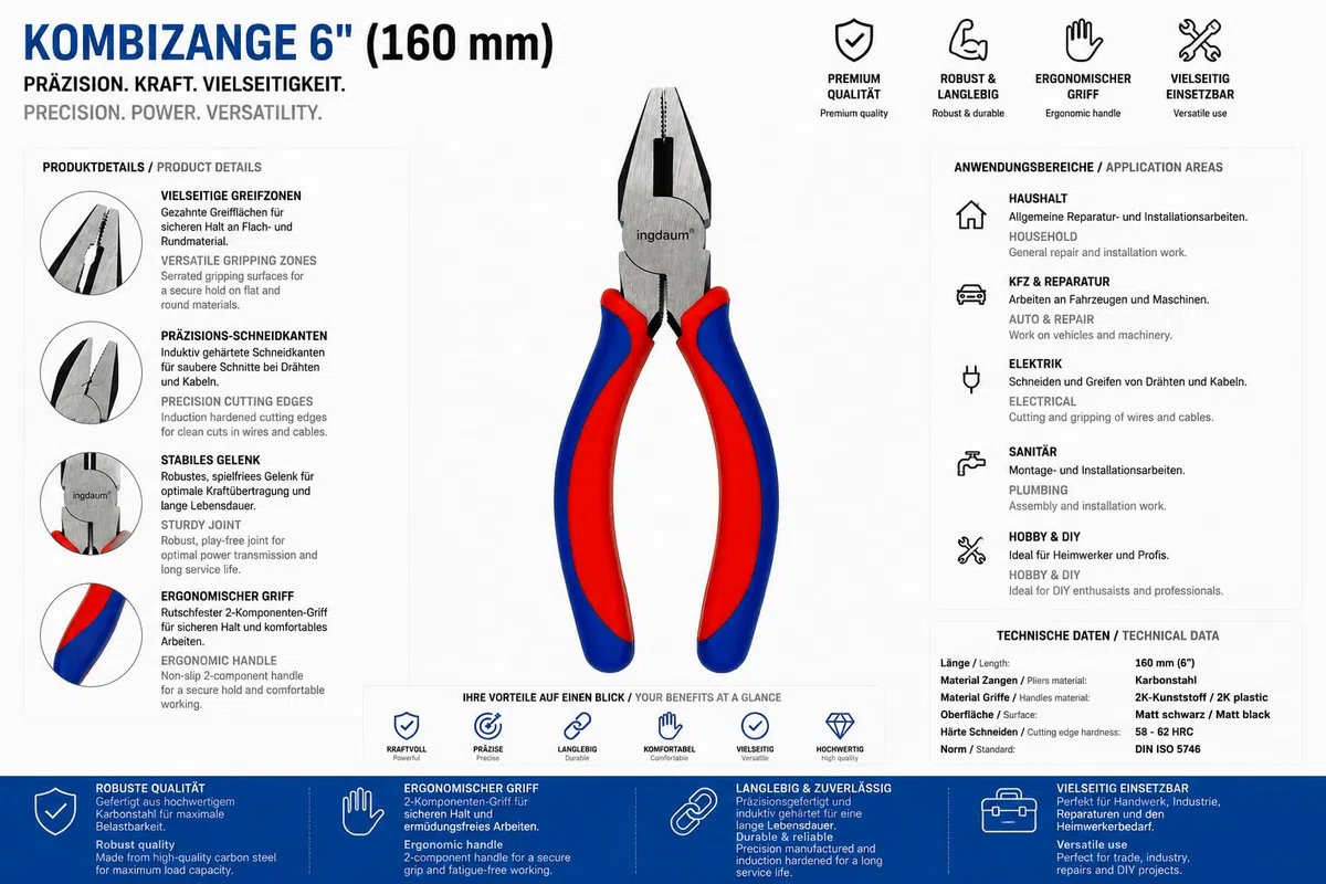 Kombizange, Universalzange, 160 mm | Linemann-Zange, mit Schneide, Zweikomponenten-Griffe Rot-Blau, für Reparaturen und Montagen, Biegen und Schneiden