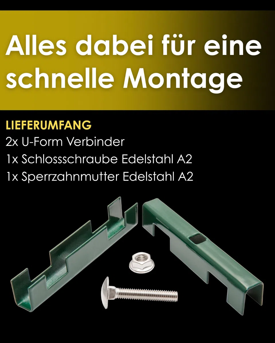 U Mattenverbinder RAL 6005 Moosgrün – Doppelstabmattenzaun Verbinder, Gittermattenverbinder, Zaunverbinder U-Form inkl. A2 Edelstahlschraube & Mutter – passend für 6/5/6 & 8/6/8 Doppelstabmatten