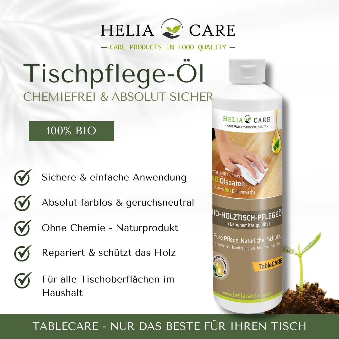 Tisch Öl - Bio Holztisch Pflege aus Deutschland (250ml) | Für Esstische und Tischplatten: Natürliches Holzpflegeöl mit Bienenwachs für eine tiefenwirksame und gepflegte Holzoptik