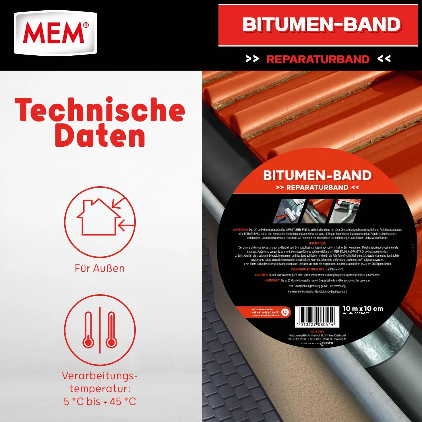 MEM Bitumen-Band, Selbstklebendes Dichtungsband, UV-beständige Schutzfolie, Stärke: 1,5 mm, Maße: 10 cm x 10 m, Farbe: Aluminium