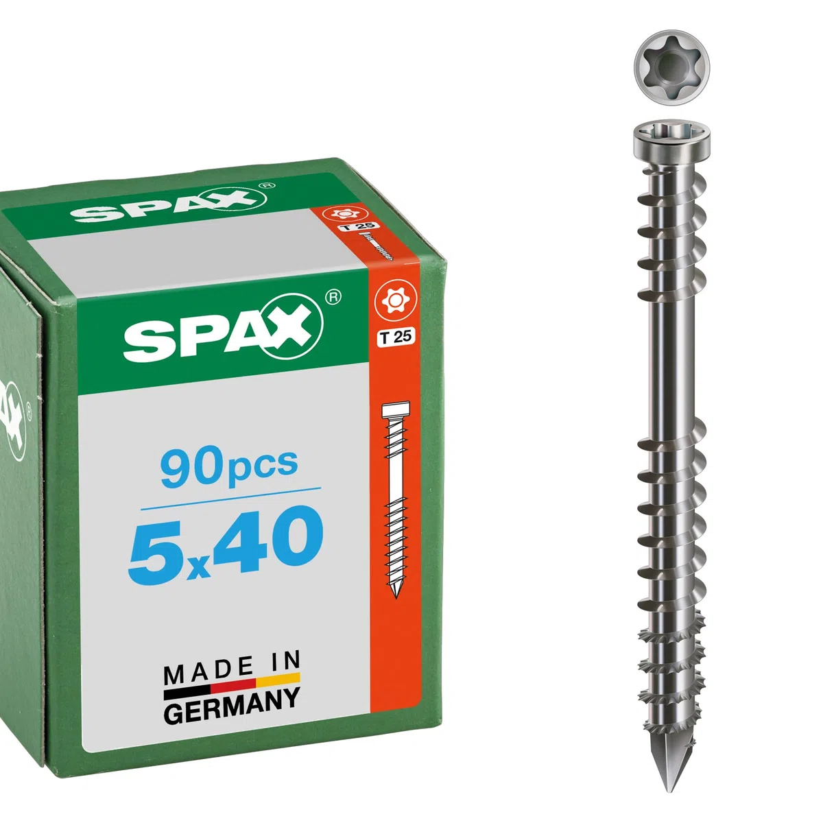 SPAX Terrassenschraube, 5 x 40 mm, 90 Stück, Fixiergewinde, Zylinderkopf, T-STAR plus T25, CUT-Spitze, Edelstahl rostfrei A2-8000000288203