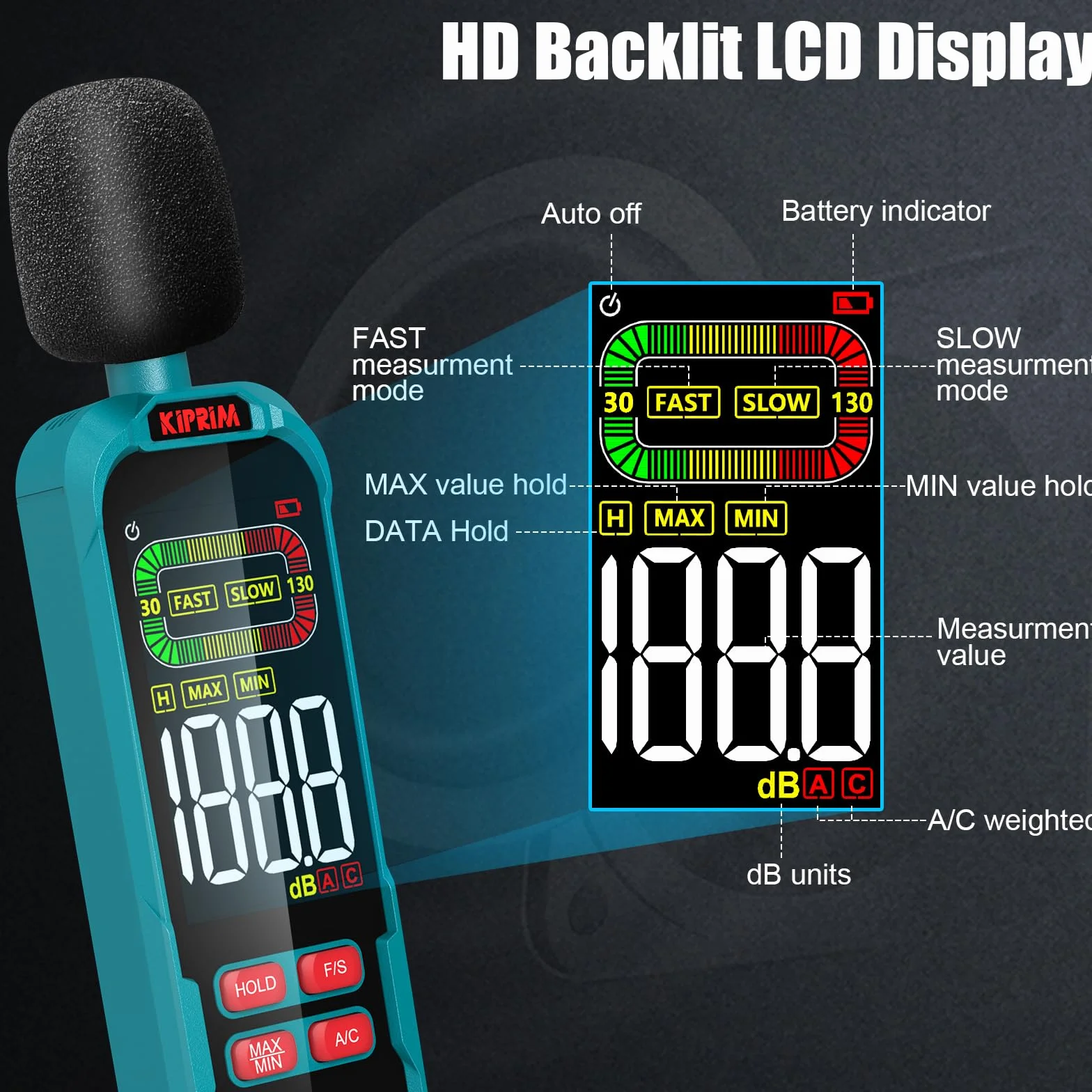 Kiprim NM01 Dezibel Messgerät mit Max./Min.-Wert Aufzeichnung Lautstärke Messgerät Schallpegelmessgerät DB Messgerät mit A/C-Wichtung und hintergrundbeleuchtetem LCD-Bildschirm – inklusive Tragetasche