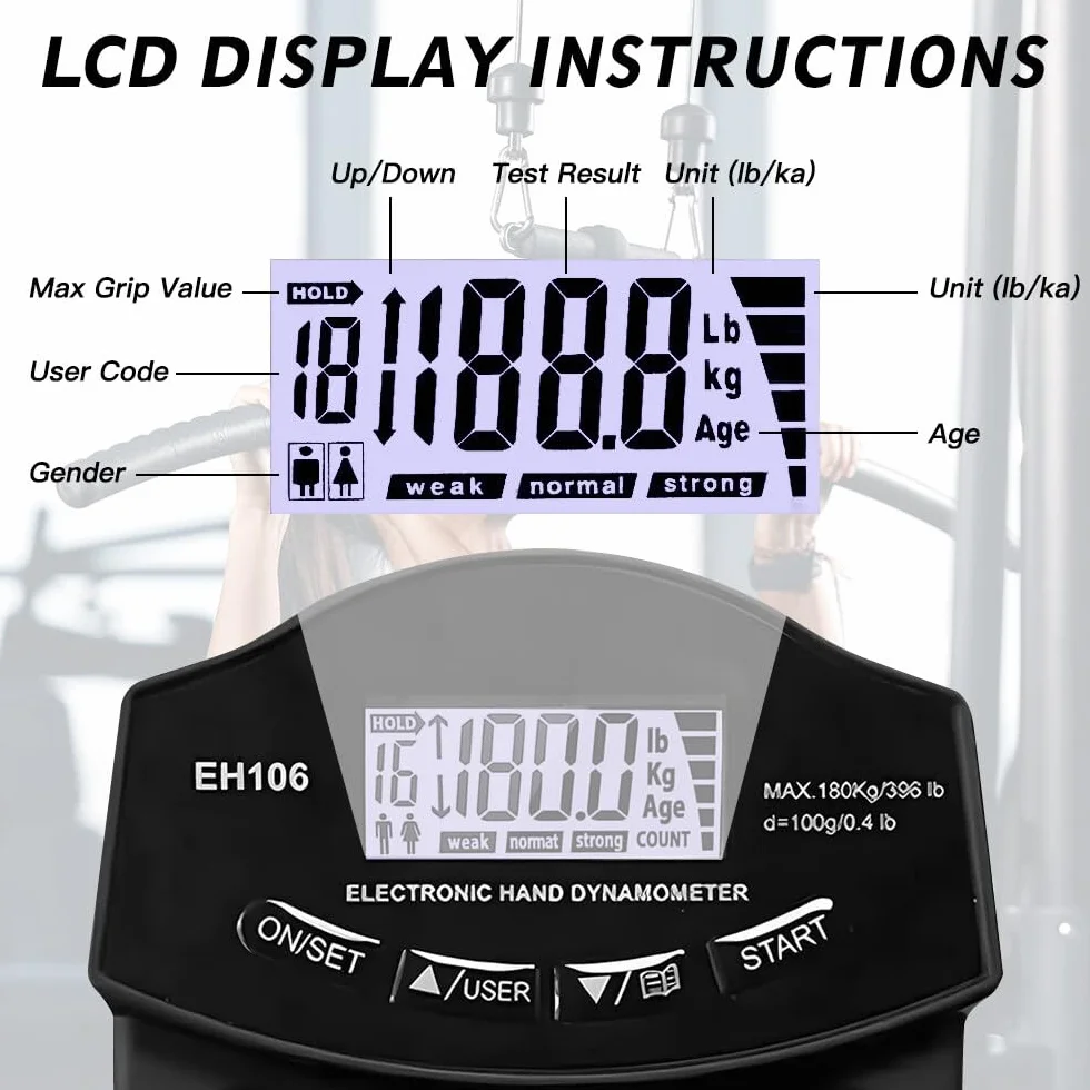Digitaler Handkraftmessgerät, 396lb/180Kg Digitaler Griffstärke-Messung, Kraftmesser, LED Display Grip Strength Trainer, Dynamometer mit USB-Ladekabel(Schwarz)