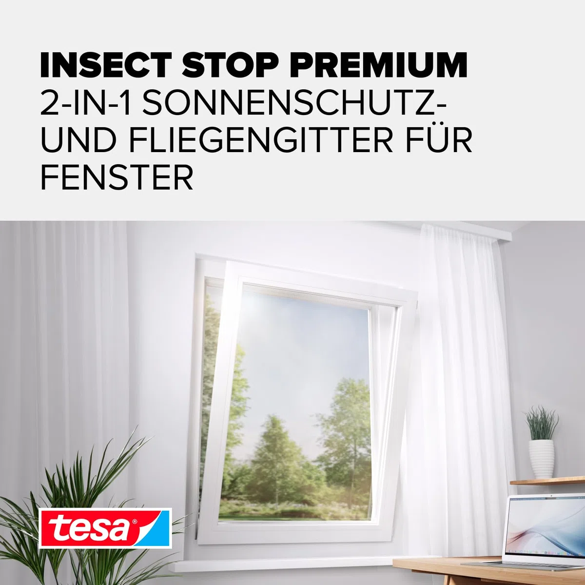 tesa Insect Stop 2-in-1 Sonnenschutz- und Fliegengitter Premium für Fenster - Insektenschutz mit integriertem Sonnenschutz - Fliegen Netz ohne Bohren - 130 cm x 150 cm - Anthrazit-Metallic