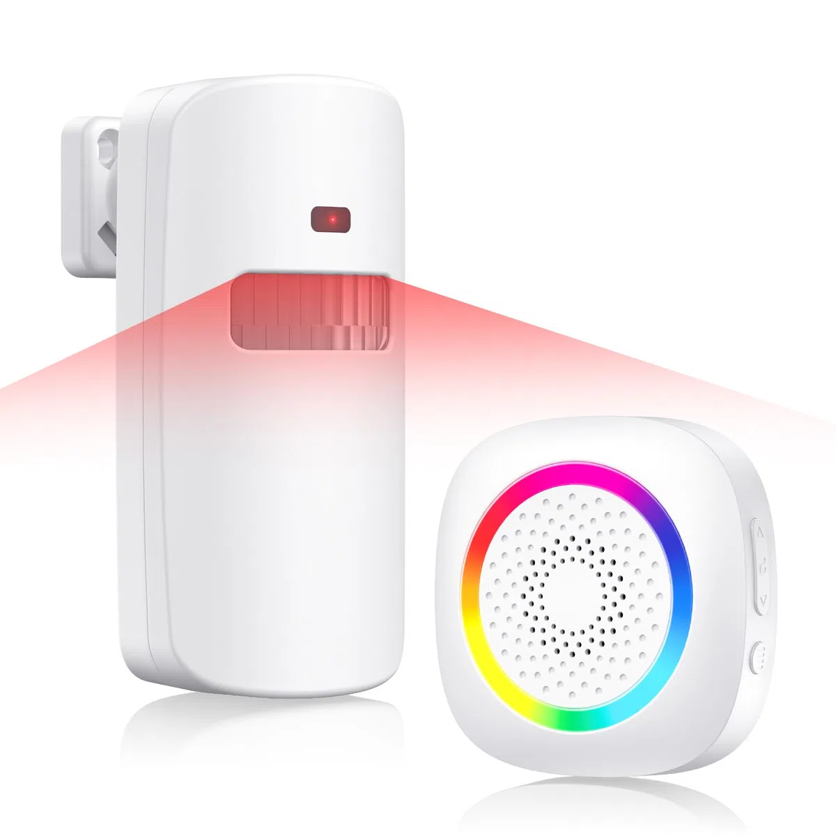 TECKNET Durchgangsmelder Alarm Klingel, PIR Bewegungssensor Innen, 6M*110° Erfassungsbereich, RGB-Anzeigeleuchte, 61 Melodien&120dB, 5-stufige Lautstärke, für Zuhause, Geschäfte, Garage, Wohnmobil