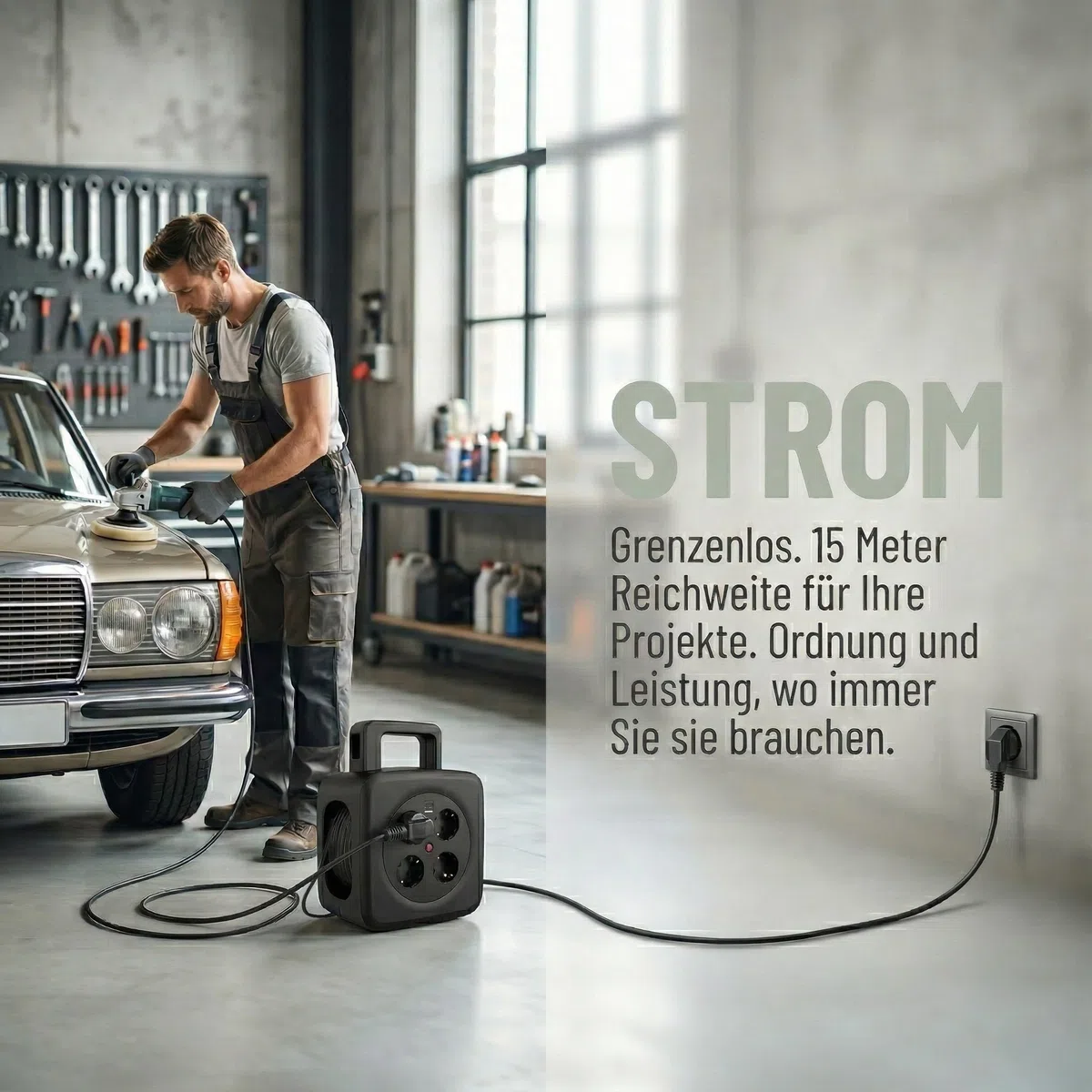 Kabeltrommel 15m mit USB 20W, TÜV GS geprüft, Thermoschalter | 4 Schuko Steckdosen, faltbare Handkurbel für Haushalt &Outdoor Camping,16A Kabelrolle