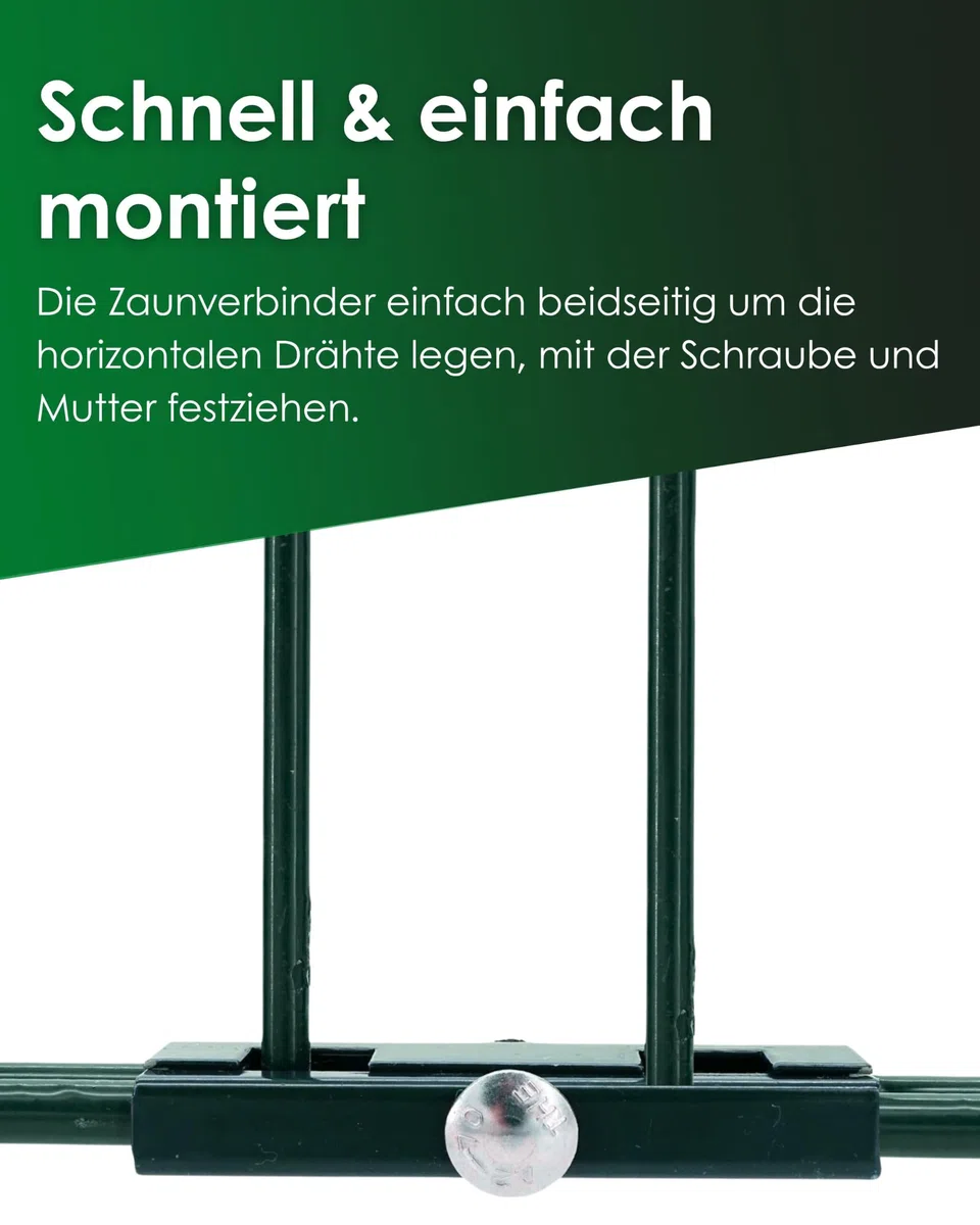 U Mattenverbinder RAL 6005 Moosgrün – Doppelstabmattenzaun Verbinder, Gittermattenverbinder, Zaunverbinder U-Form inkl. A2 Edelstahlschraube & Mutter – passend für 6/5/6 & 8/6/8 Doppelstabmatten