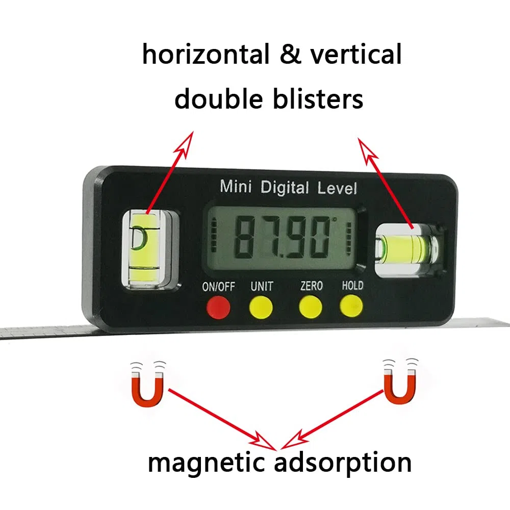 360 Grad Mini-Digital-Präzisionswinkelmesser, digitaler Wasserwaage, magnetisch, Bodenwinkel, Messwerkzeug mit horizontalen und vertikalen Doppelblasen, digitale Wasserwaagenbox, Schwarz