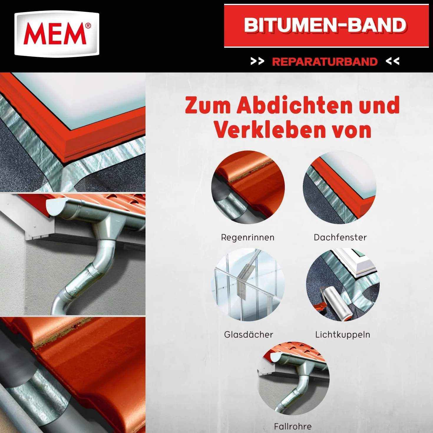 MEM Bitumen-Band, Selbstklebendes Dichtungsband, UV-beständige Schutzfolie, Stärke: 1,5 mm, Maße: 10 cm x 10 m, Farbe: Aluminium