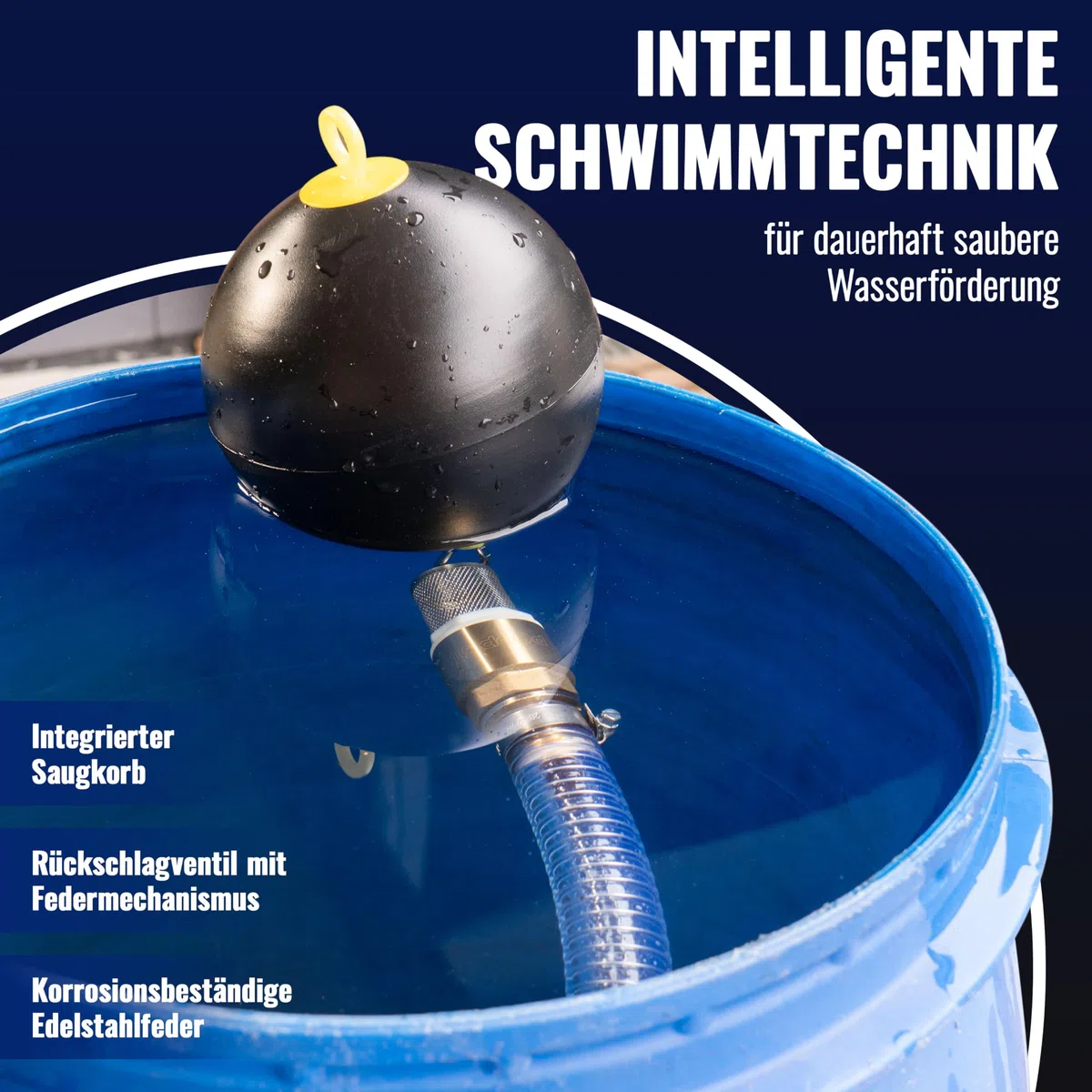 Poppstar Schwimmende Entnahme Set: Schwimmerkugel 6", Karabiner 5x50mm, Schlauchschelle (Spannbereich 20-32mm, Breite 12mm), Rückschlagventil 1", Saugkorb
