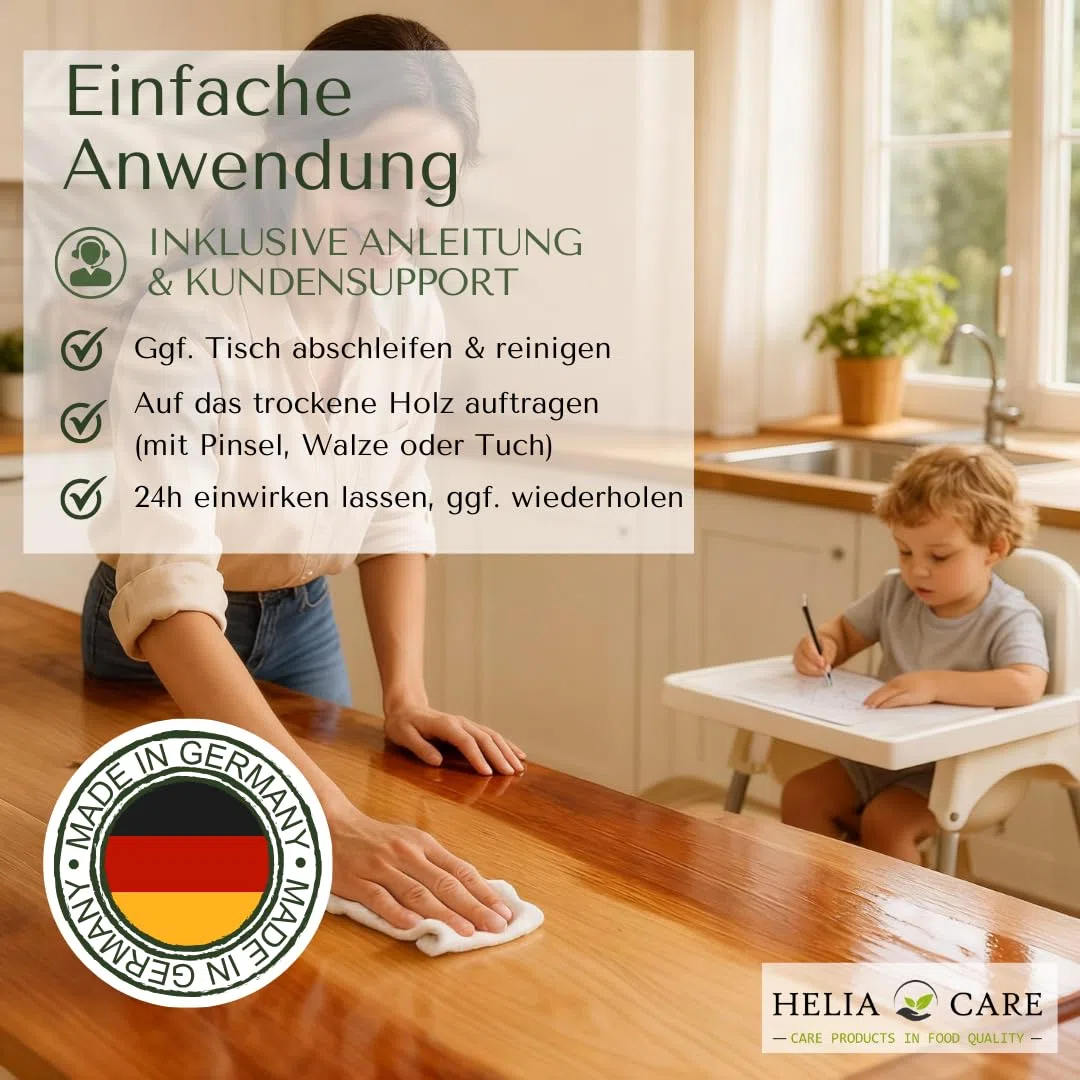 Tisch Öl - Bio Holztisch Pflege aus Deutschland (250ml) | Für Esstische und Tischplatten: Natürliches Holzpflegeöl mit Bienenwachs für eine tiefenwirksame und gepflegte Holzoptik