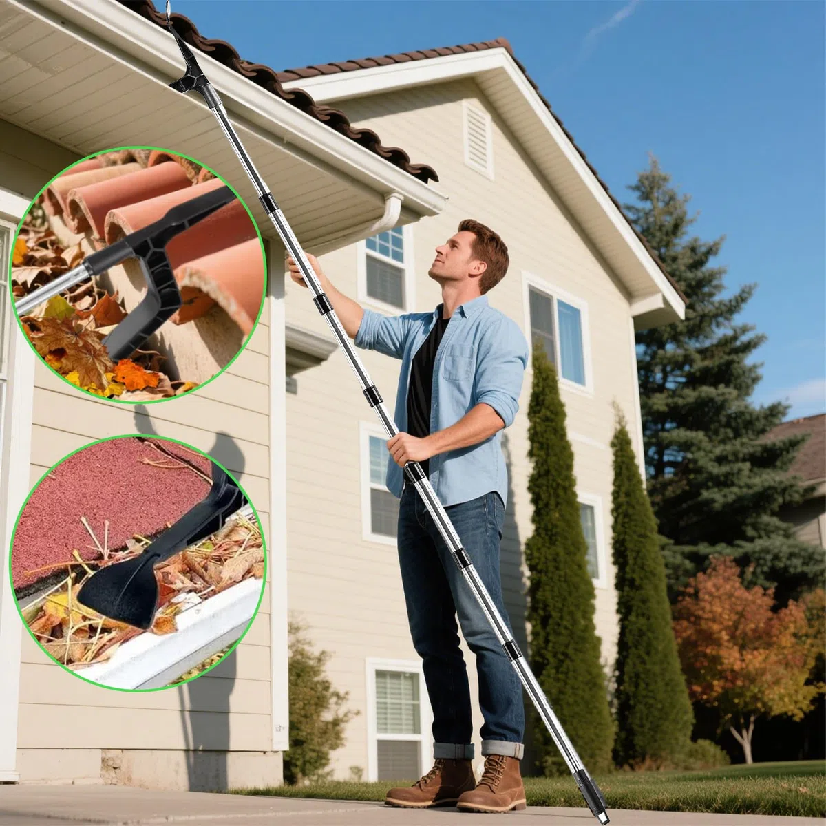2 in 1 Dachrinnenreiniger 320 cm - Teleskop Dachrinnen Reiniger mit Bürste & Schaufel, Edelstahl Teleskopstange für Laub, Schnee & Schmutz, Leiterloses Reinigen für Haus & Garage (Grün)