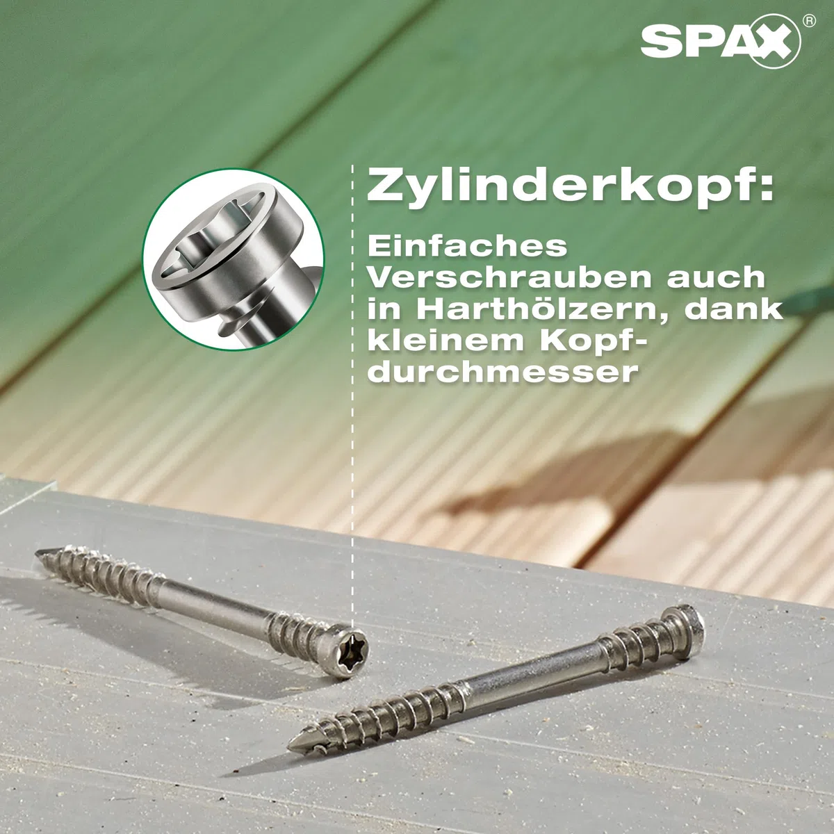 SPAX Terrassenschraube, 5 x 40 mm, 90 Stück, Fixiergewinde, Zylinderkopf, T-STAR plus T25, CUT-Spitze, Edelstahl rostfrei A2-8000000288203