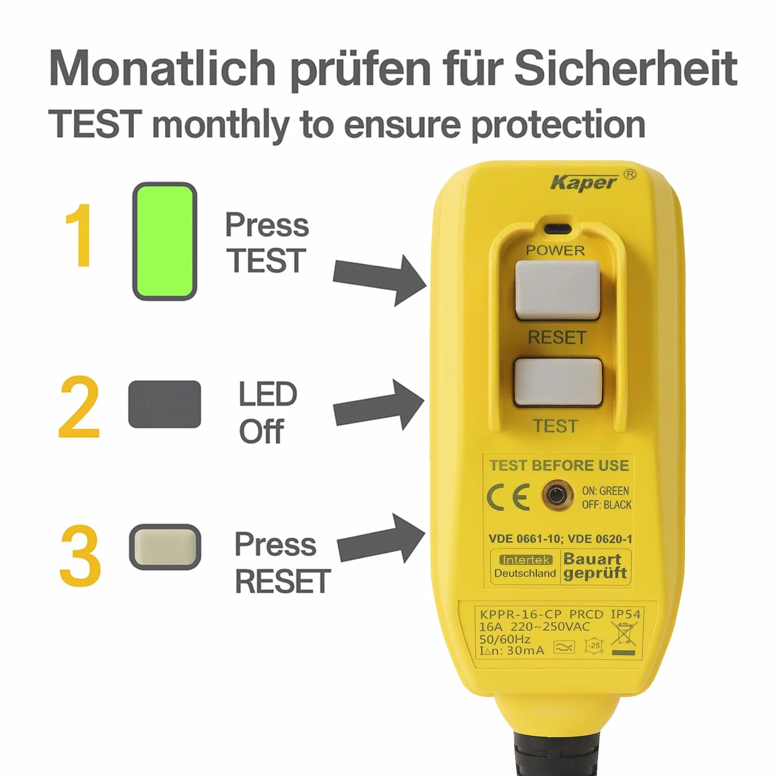 Kaper PRCD Personenschutzstecker, 16A 230V IP54, Tragbarer FI-Schutzschalter mit 30mA Auslösestrom, Wasserdicht für Baustelle, Garten, Camping und Werkstatt