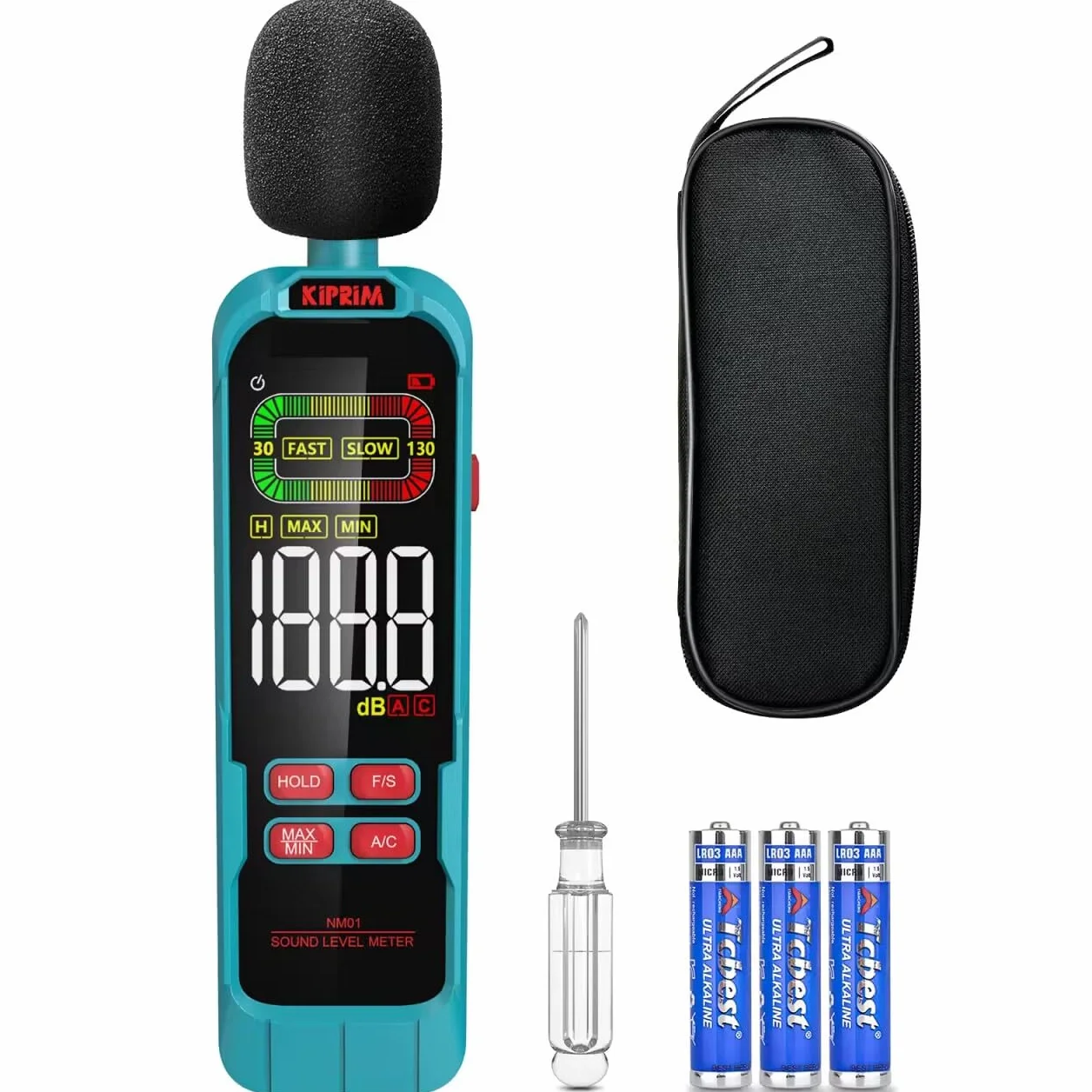 Kiprim NM01 Dezibel Messgerät mit Max./Min.-Wert Aufzeichnung Lautstärke Messgerät Schallpegelmessgerät DB Messgerät mit A/C-Wichtung und hintergrundbeleuchtetem LCD-Bildschirm – inklusive Tragetasche