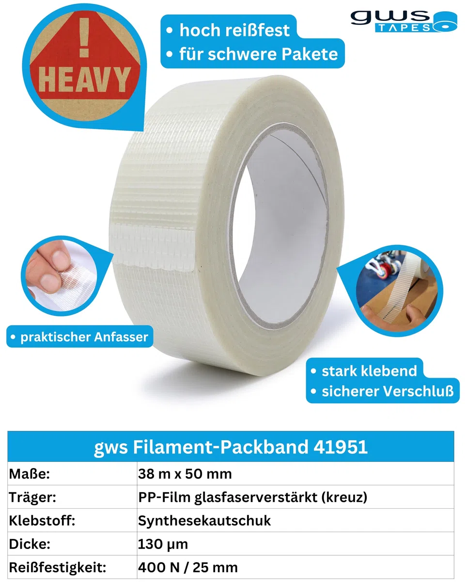 gws Filament-Klebeband, extra starkes Packband in Profi-Qualität, Gewebeband in Längsrichtung glasfaserverstärkt, Dicke: 120 μm (1 Rolle 38 mm, Kreuzverstärkt)